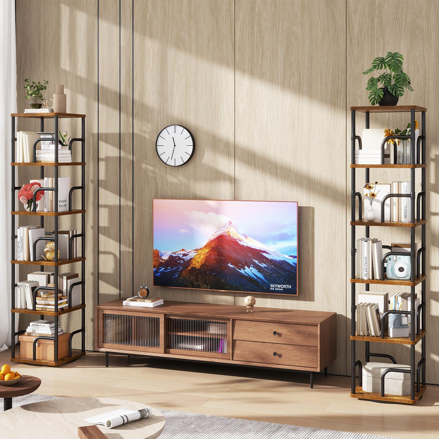 IBUYKE Bibliothèques Rotative à 5 Niveaux,Bibliothèque Enfant,Étagère Pivotante Verticale à 360°,Bibliothèque Multifonctionnelle en Bois pour Chambre, Salon, Bureau,Marron Rustique,TBC005H