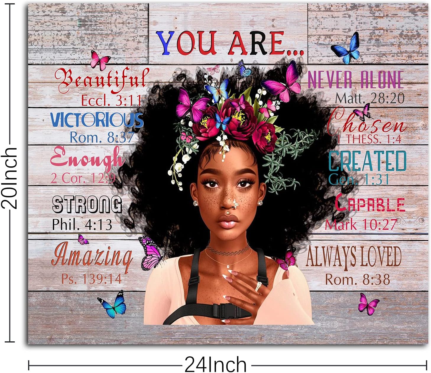 WOWGOOMO Vintage African American Women Wall Art Fashion Black Girl Portrait Canvas Pictures You Are Bible Quotes Poster for Living Room Bedroom Home Office Framed Inspirational Gift for Women 20"x24"