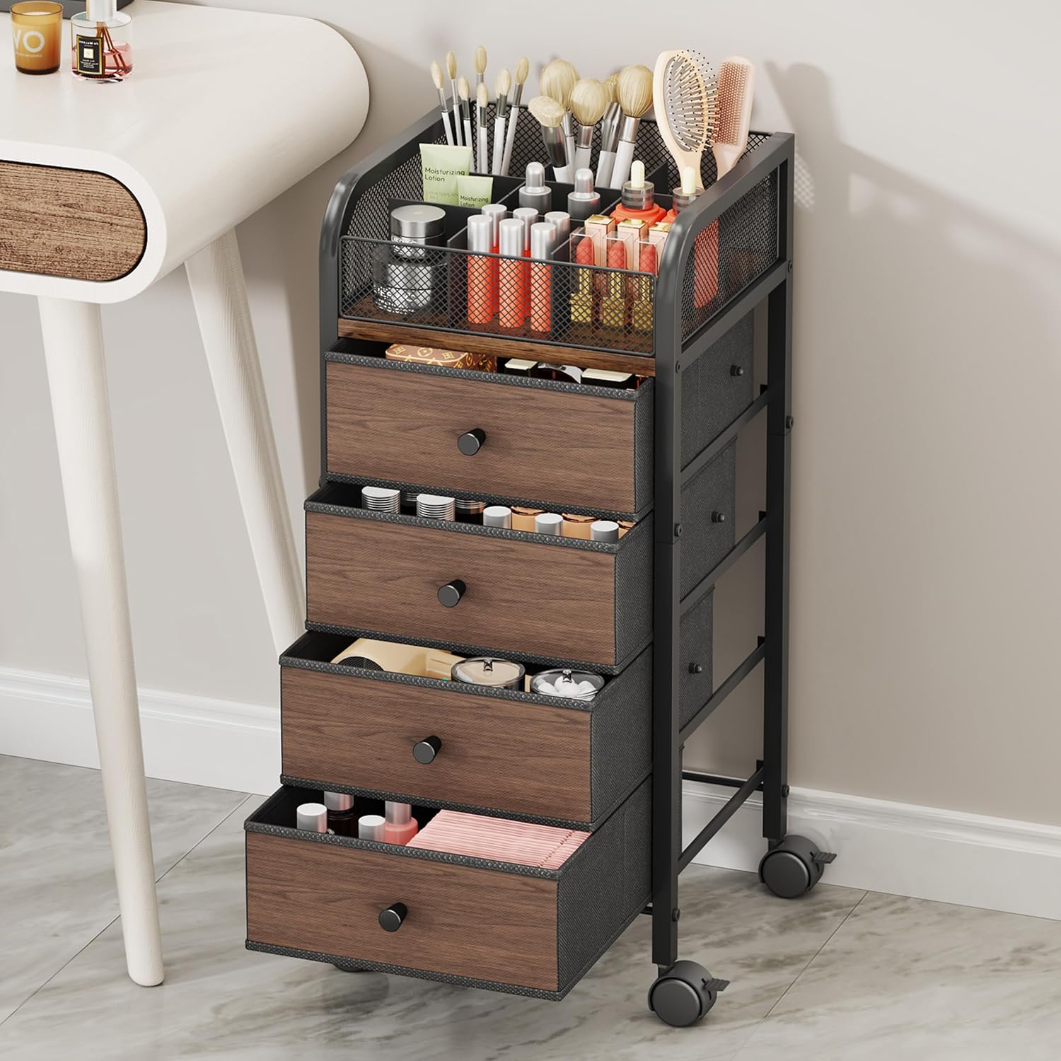 SWTYMIKI Rolling Makeup Organizer Cart - Under Desk Vanity Makeup Storage with 3 Non-woven Drawers, Nail Cart Organizer Cosmetic Display Cases Cabinet for Skin Care Perfume Nail Polish Brush Hair Tool