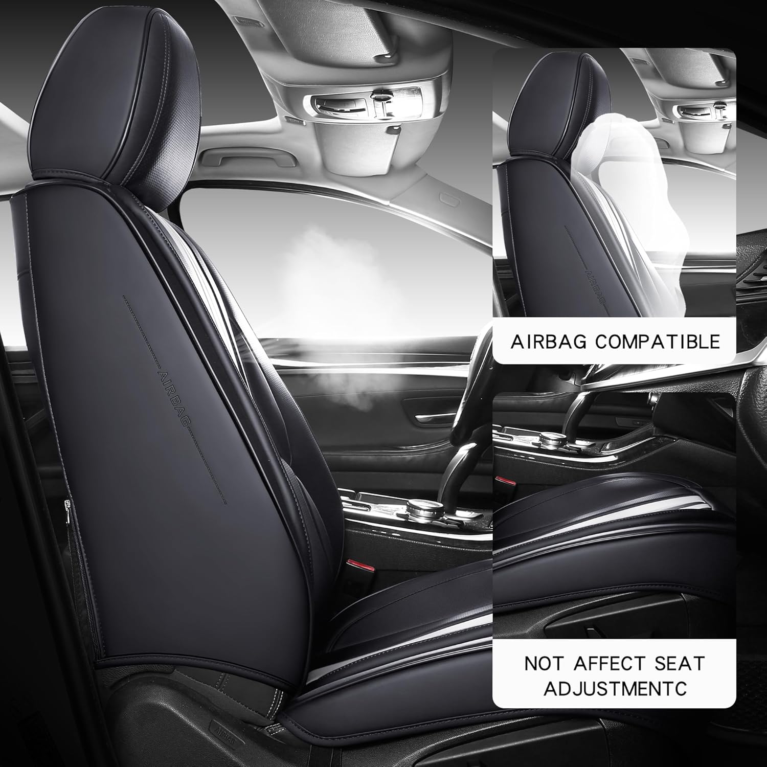 NS YOLO Full Coverage Leather Car Seat Covers,Front Seat Covers,seat Covers for Cars,SUVs and Pick-up Trucks,Luxury Automotive seat Covers,Black and White Seat Covers for 2 Seats