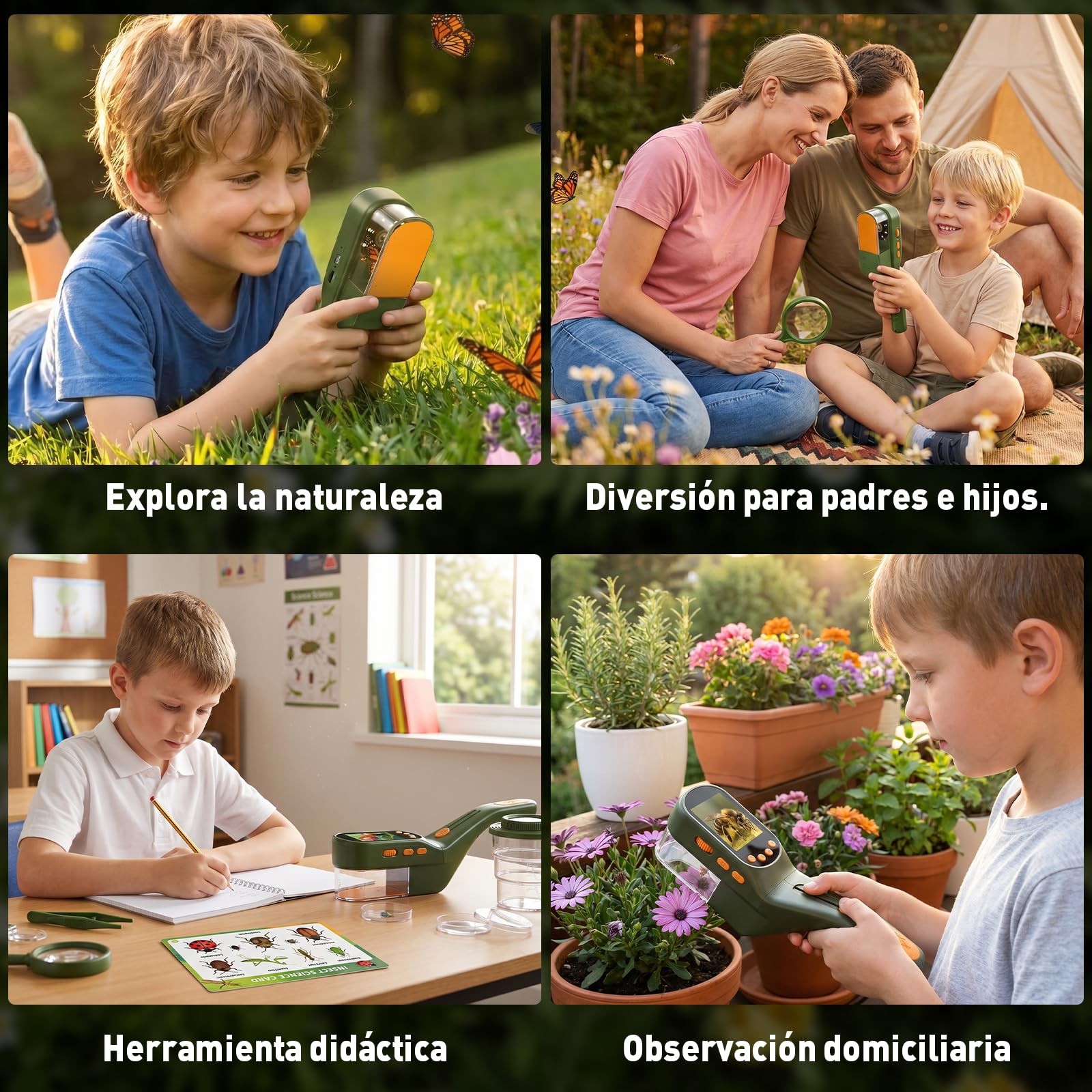 Atrapa Insectos con 500X Pantalla - Kit Explorador Niños, Kit Cazabichos con Lupa, Pinzas, Porta-Insectos,Insectos Juguete, Aire Libre Aventura Juguetes para Niños y Adultos (Verde Oscuro)