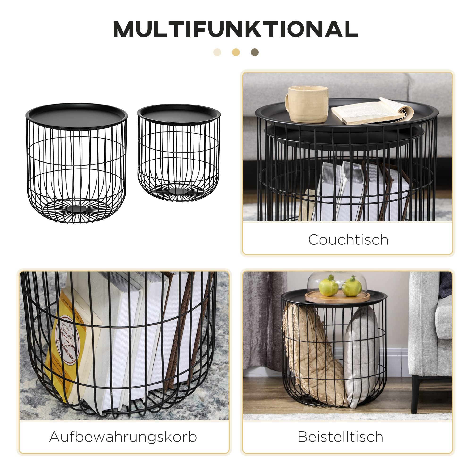 HOMCOM Couchtisch rund 2er Set Beistelltisch mit Stauraum Schwarz