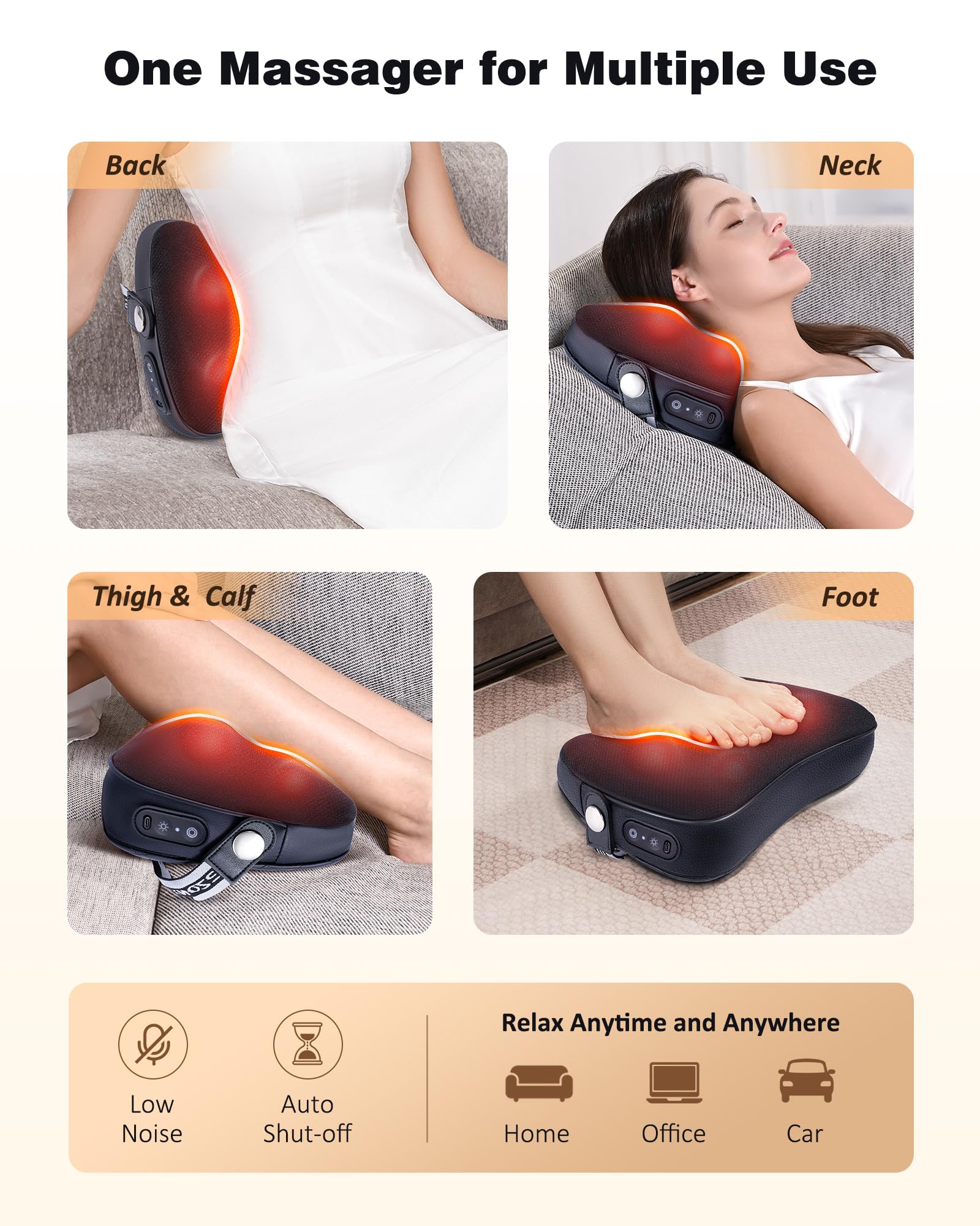 KNQZE Shiatsu Massagegerät, rückenmassagegerät，Nackenmassagegerät mit Wärme, 4D Rotierenden Massageköpfen, Tragbares Massagekissen, Geschenk für Frauen & Männer, Entspannung für Zuhause, Büro & Auto