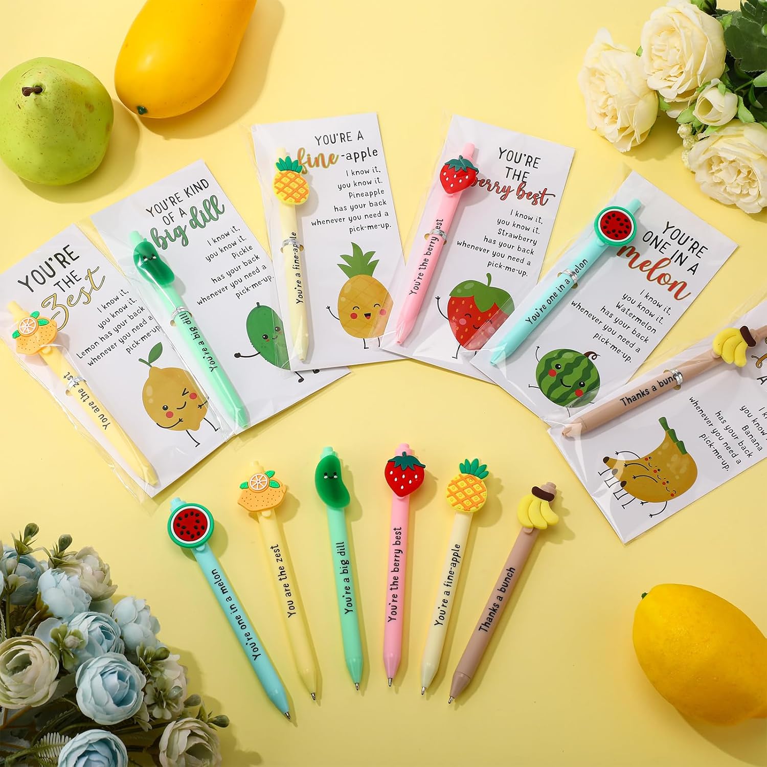 Dunzoom Positive Coworkers Gifts Funny Fruit Pen Bulk Motivational Fruit Ballpoint Pens with Inspirational Cards Employee Appreciation Gifts for Graduation Party Favor Coworker Teacher Team(36 Sets)