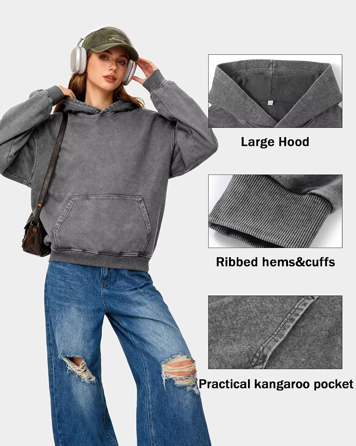 KPOP Acid Wash Hoodie for Men Oversized Vintage Cotton Sweatshirt Retro Pullover Couples Streetwear with Pockets Unisex