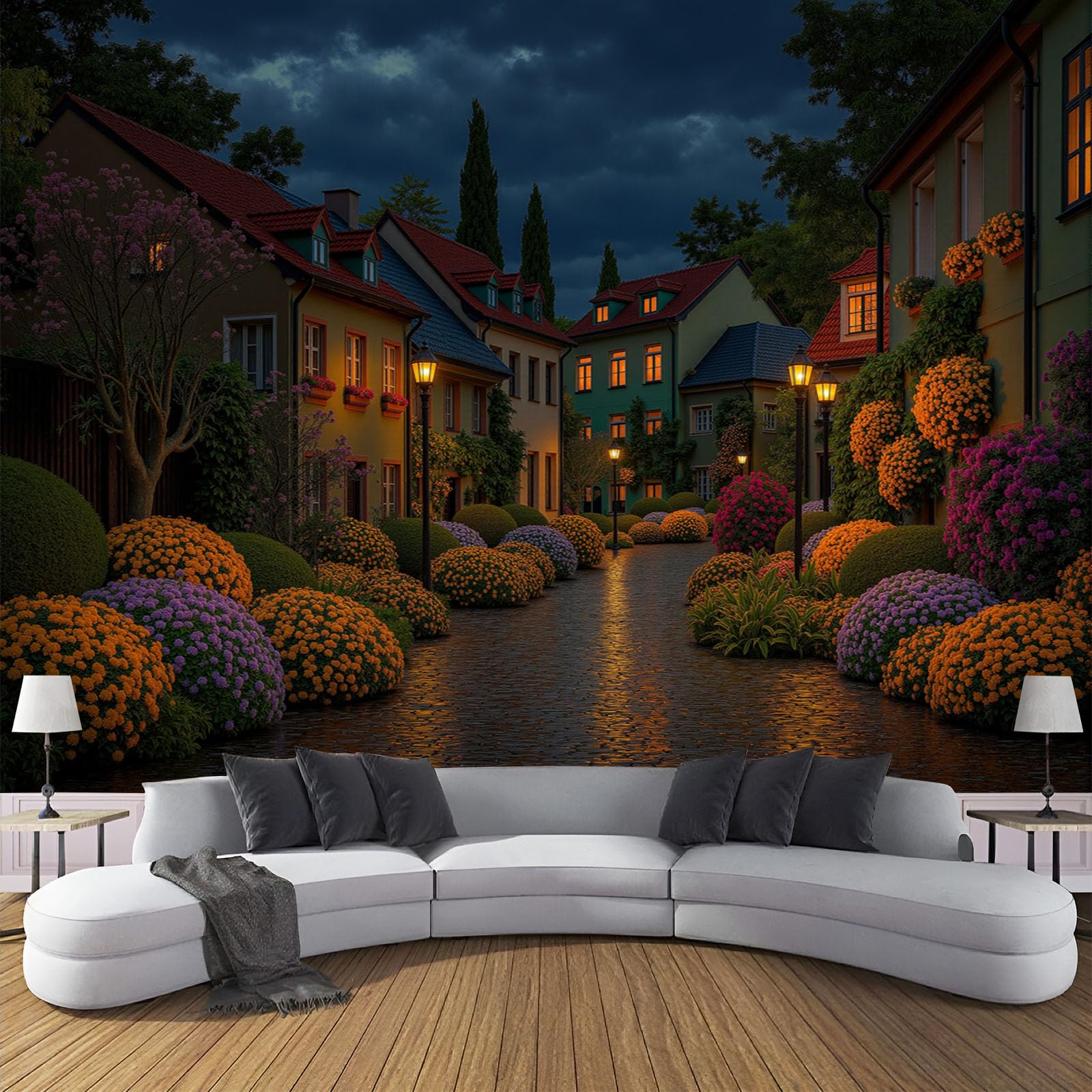 Papier peint scène de rue maisons 400x280cm panoramique intissé