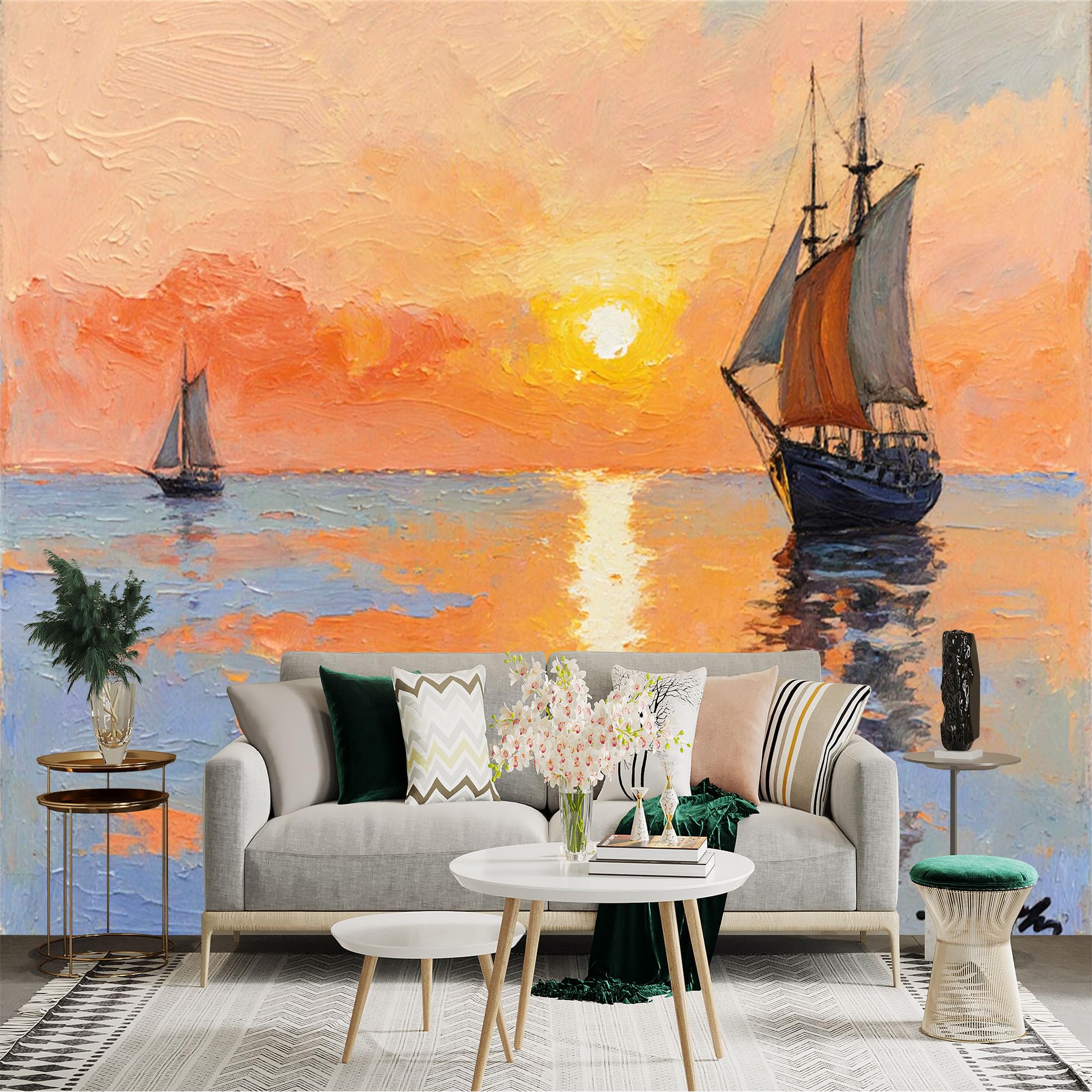Lnzczhyre Xc260505070 Custom Size Wall Sticker Mural， Sailboats On Ocean At Golden Sunset， Nautical Scenery， Oil Painting Style， For Wall Decoration， Peelandstick Wall Decals.