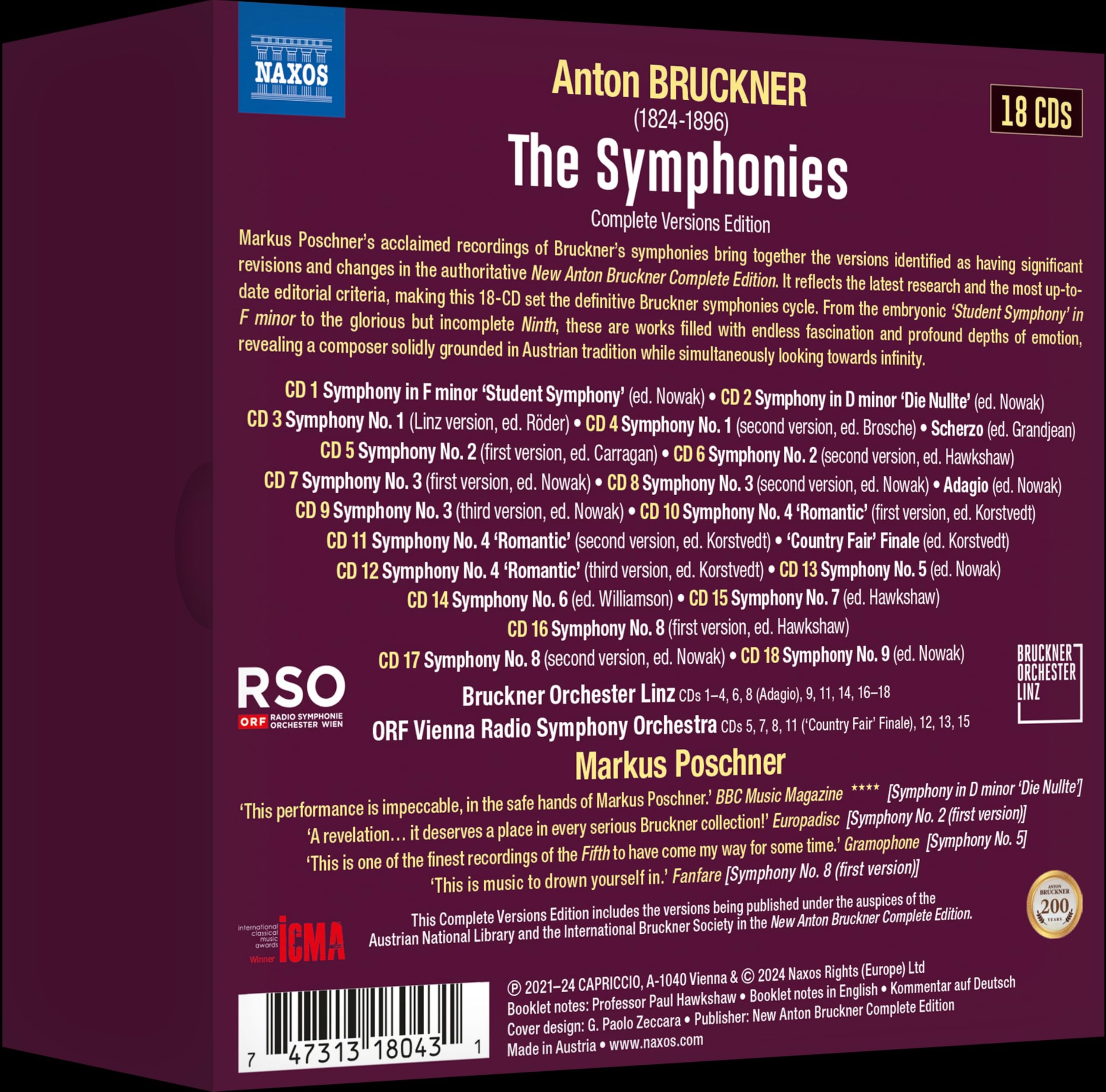 Anton Bruckner: The Symphonies (Complete Versions Edition: 11 Symphonies - 18 Versions)
