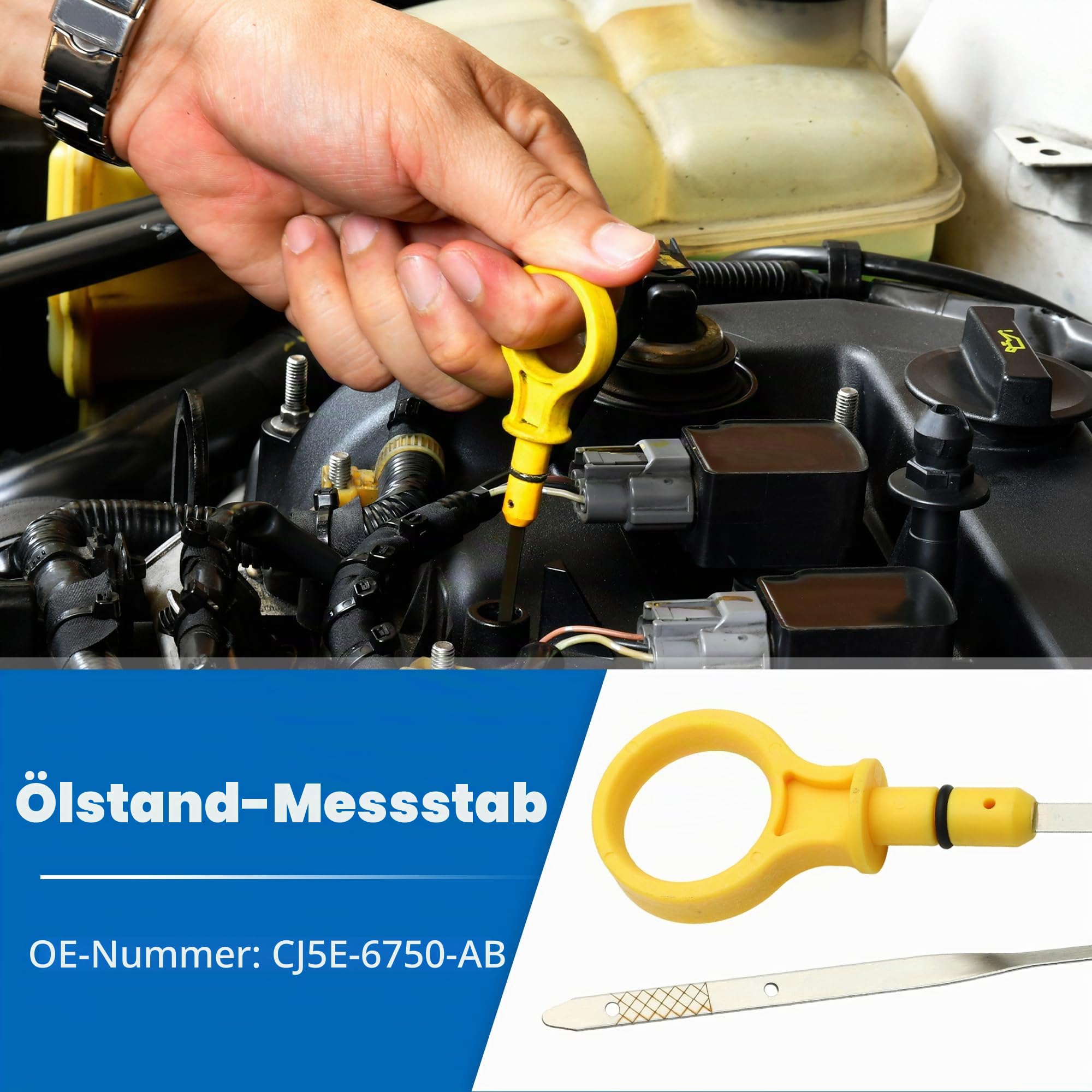 QUARKZMAN Motor Ölstand Anzeige Für Ford Focus 13-18 1 Stück | Metall Kunststoff, Gelb Silberton, Größe 59.5x3.4cm, OE CJ5E-6750-AB, Motorölstandsmessung