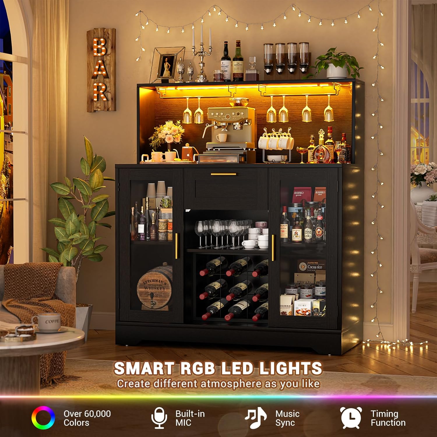Unikito Wine Bar Cabinet with LED Light, Liquor Cabinet with Wine Rack and Glass Holder, Coffee Bar Cabinets with Drawer, Buffet Sideboard Table with Storage Shelves for Home Kitchen, Black