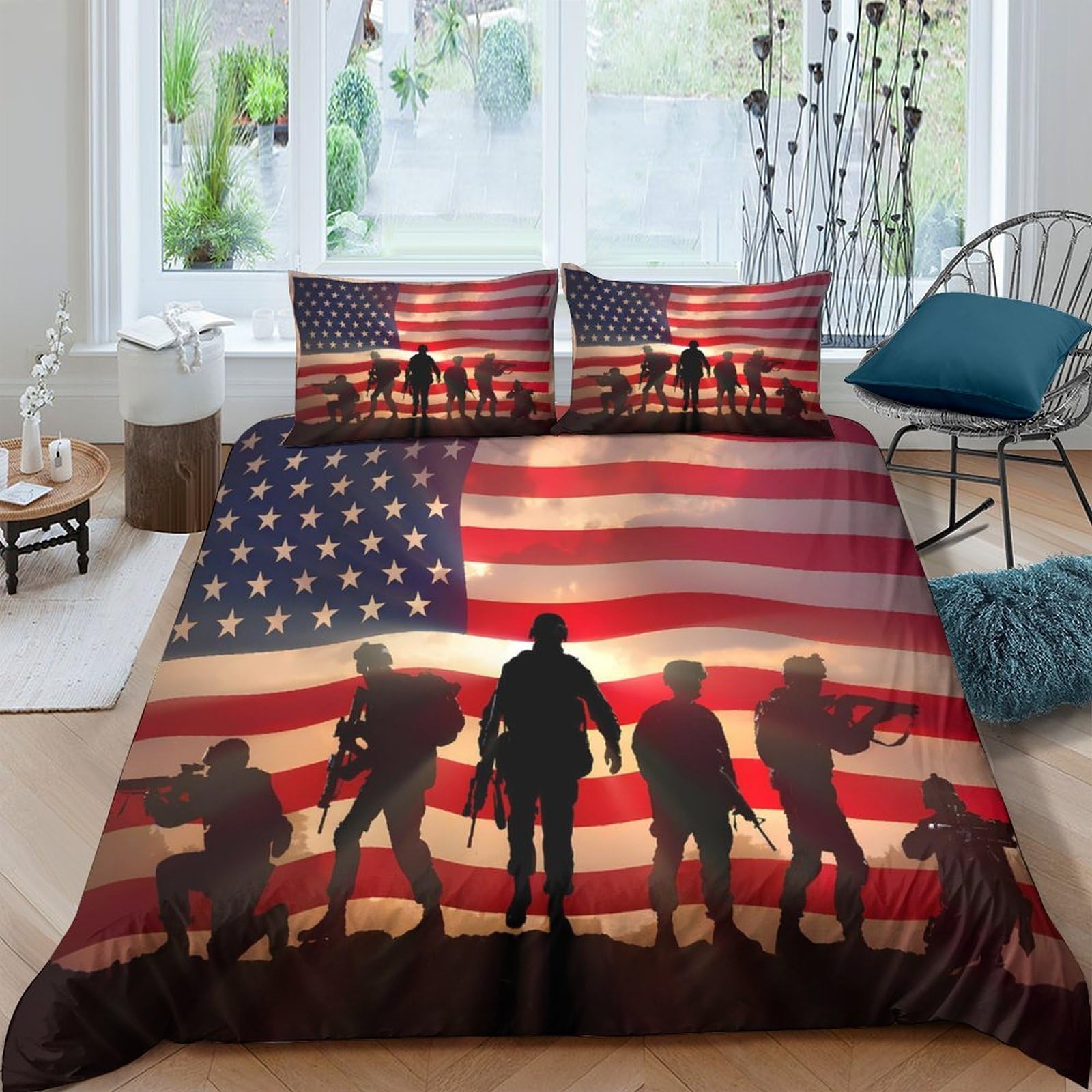 Ctjqhvkz Style-8 3D Printed American Flag Fitted Sheet Microfiber Soft Us Army Silhouette Bed Cover For Bedroom Dorm Mattress Decoration Single（135X200cm）