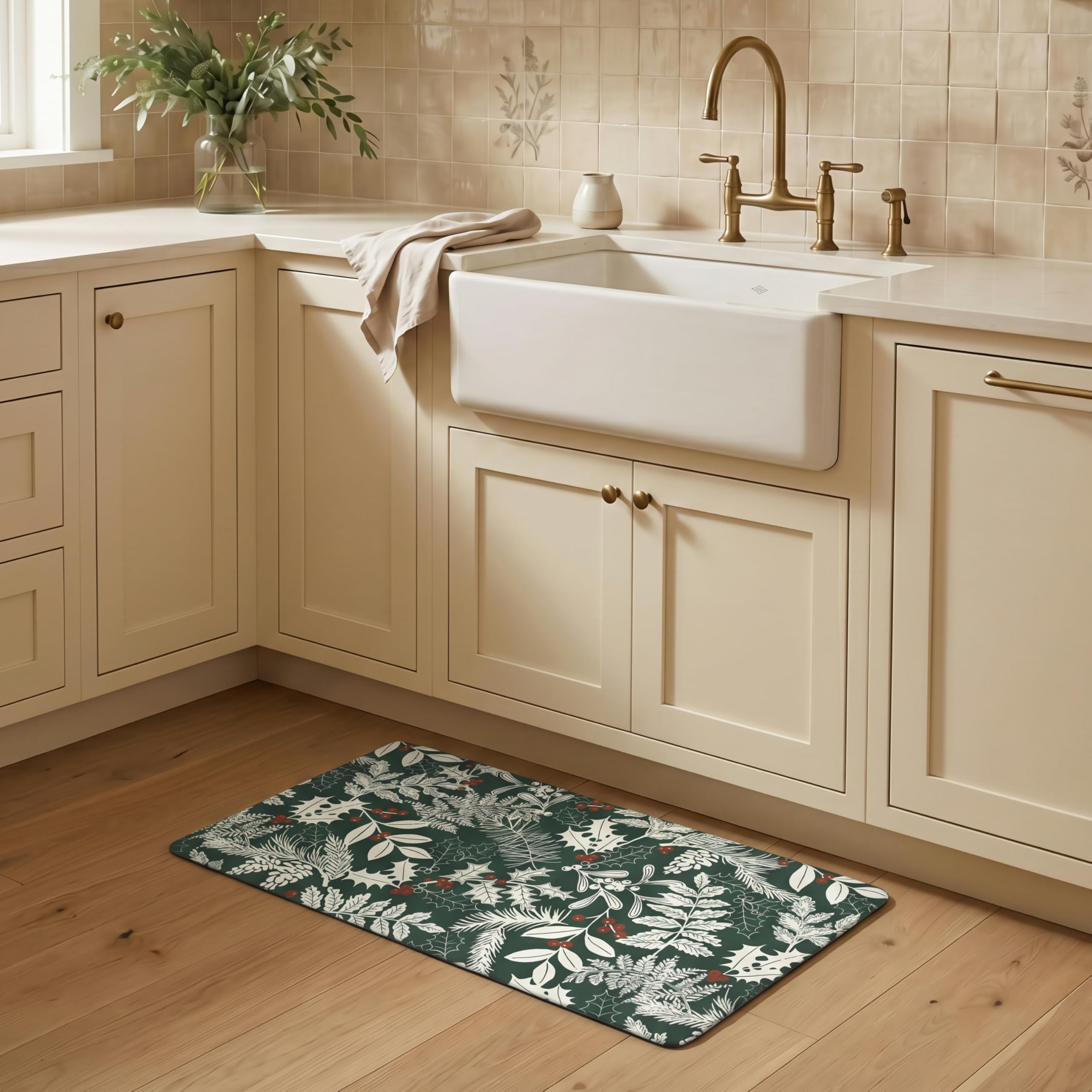 Laura Ashley Christmas Holly Leaves Anti Fatigue Kitchen Mat, Non Slip Cushioned Comfort Floor Mat, 17.5"x32", Green