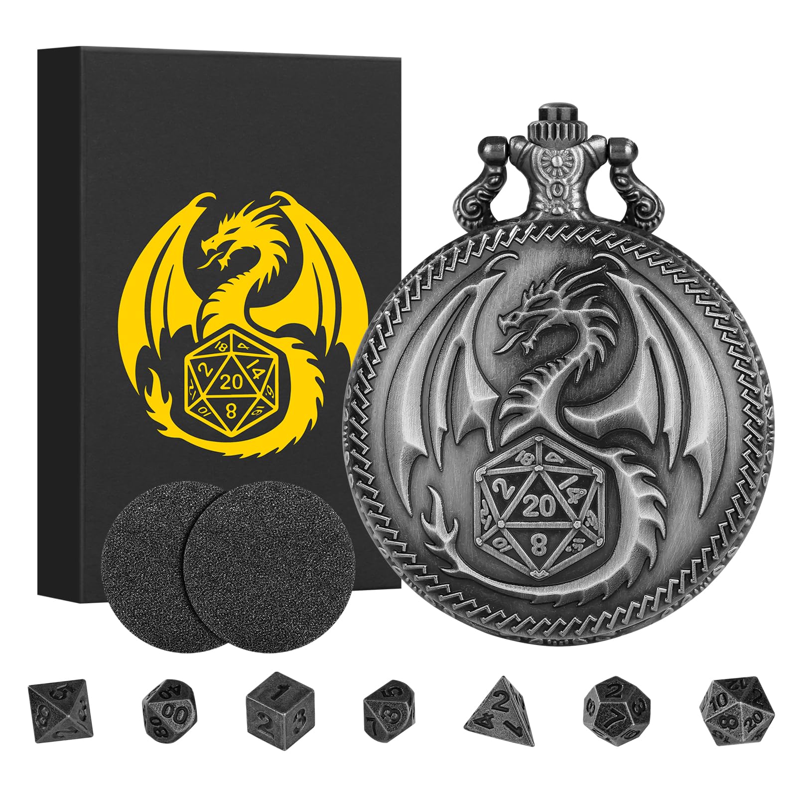 Mini DND Dice Set with Dragon Engraved Pocket Watch Shell Case, 7pcs Polyhedral Metal D&D Dice Set, DND Gifts with Gift Box, Role Playing Board Games Accessories, Dark Silver