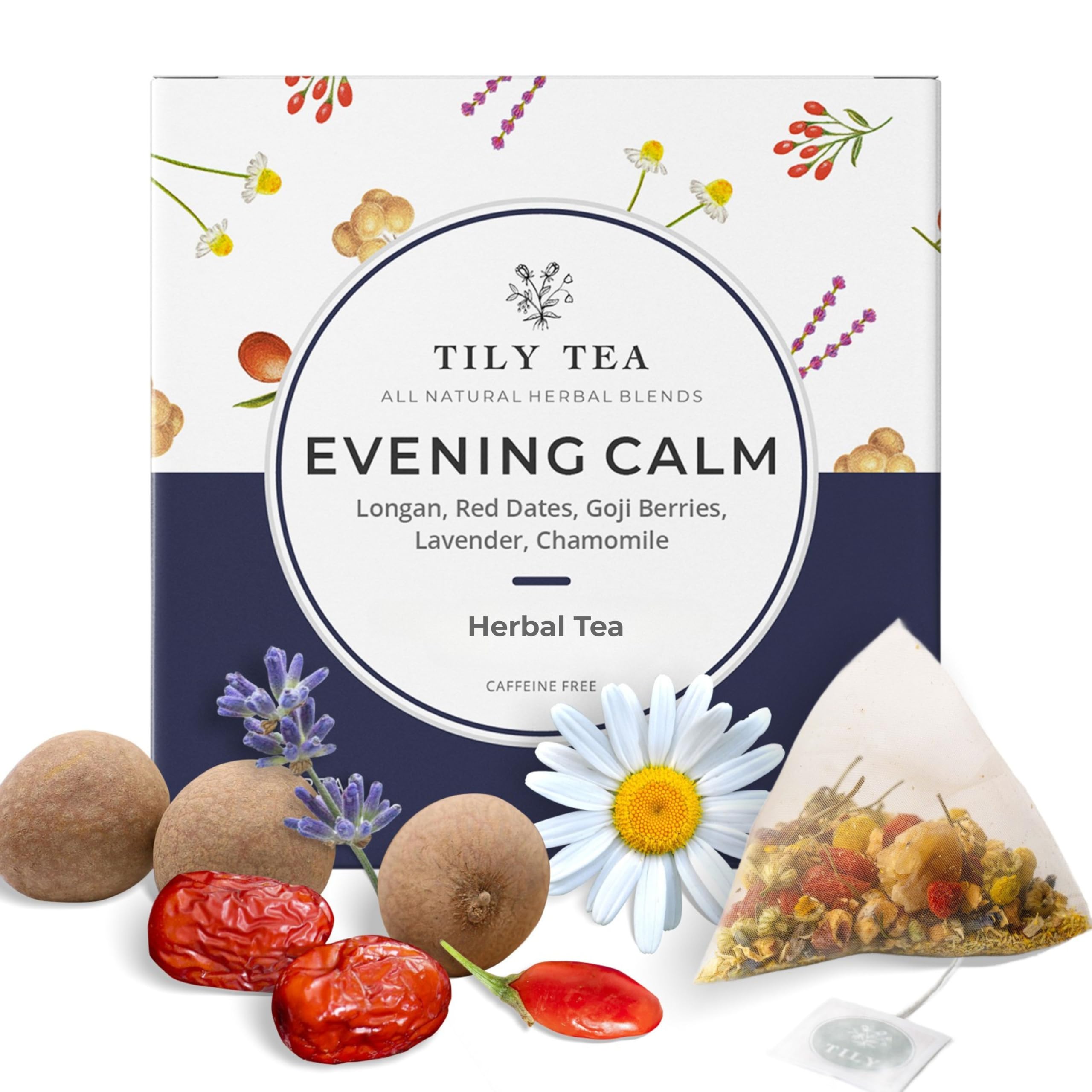 Tily Tea Evening Calm Herbal Tea - Nighttime Tea with Chamomile and Lavender - Caffeine Free - 10 Plastic-Free Teabags