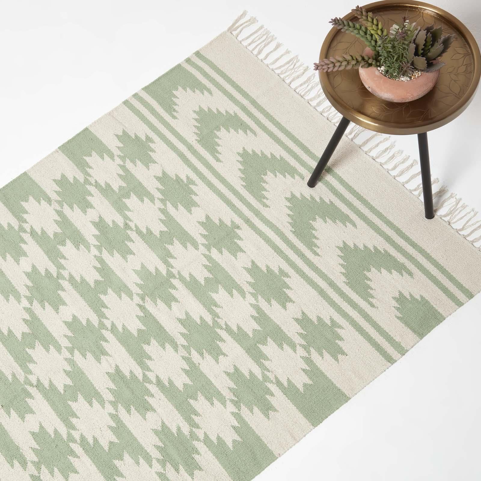 HOMESCAPES Tapis Kilim en Coton, Tapis Vert Turin, Tapis de Salon Artisanal 120x170 cm
