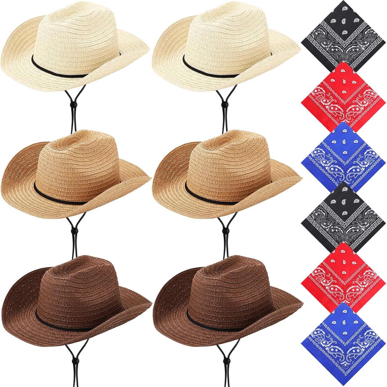 Unittype 6 Set Straw Hats Cowboy Bandanas Set Cowgirl Western Party Hat