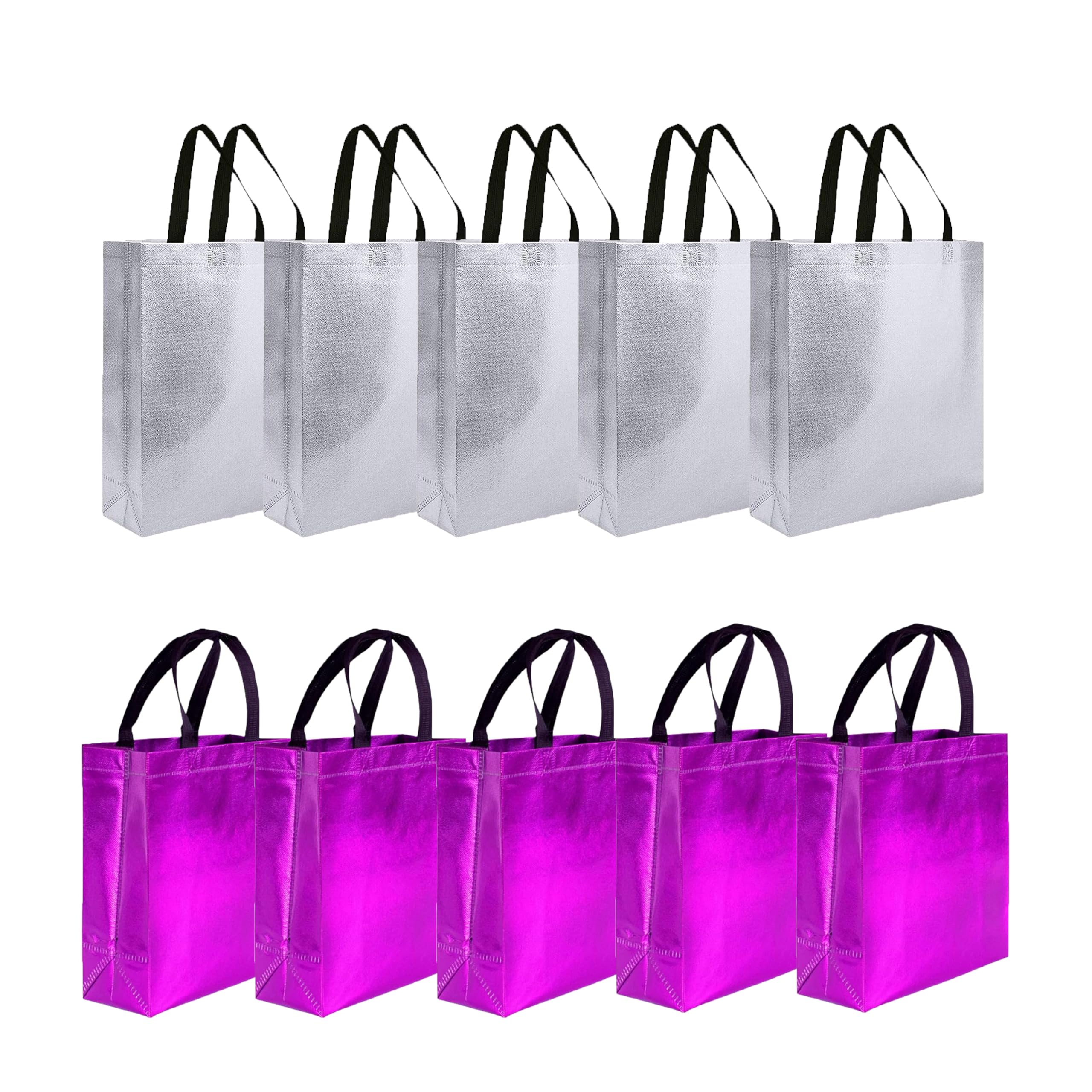 Evafly Gift Bag Medium Size Pack of 10 : L13 x W12 x D4 inch|Resuable Non-Woven Shiny Metallic Laminated|Return Gift For Haldi/Wedding Favours/Baby Shower/Birthday - Silver + Pink