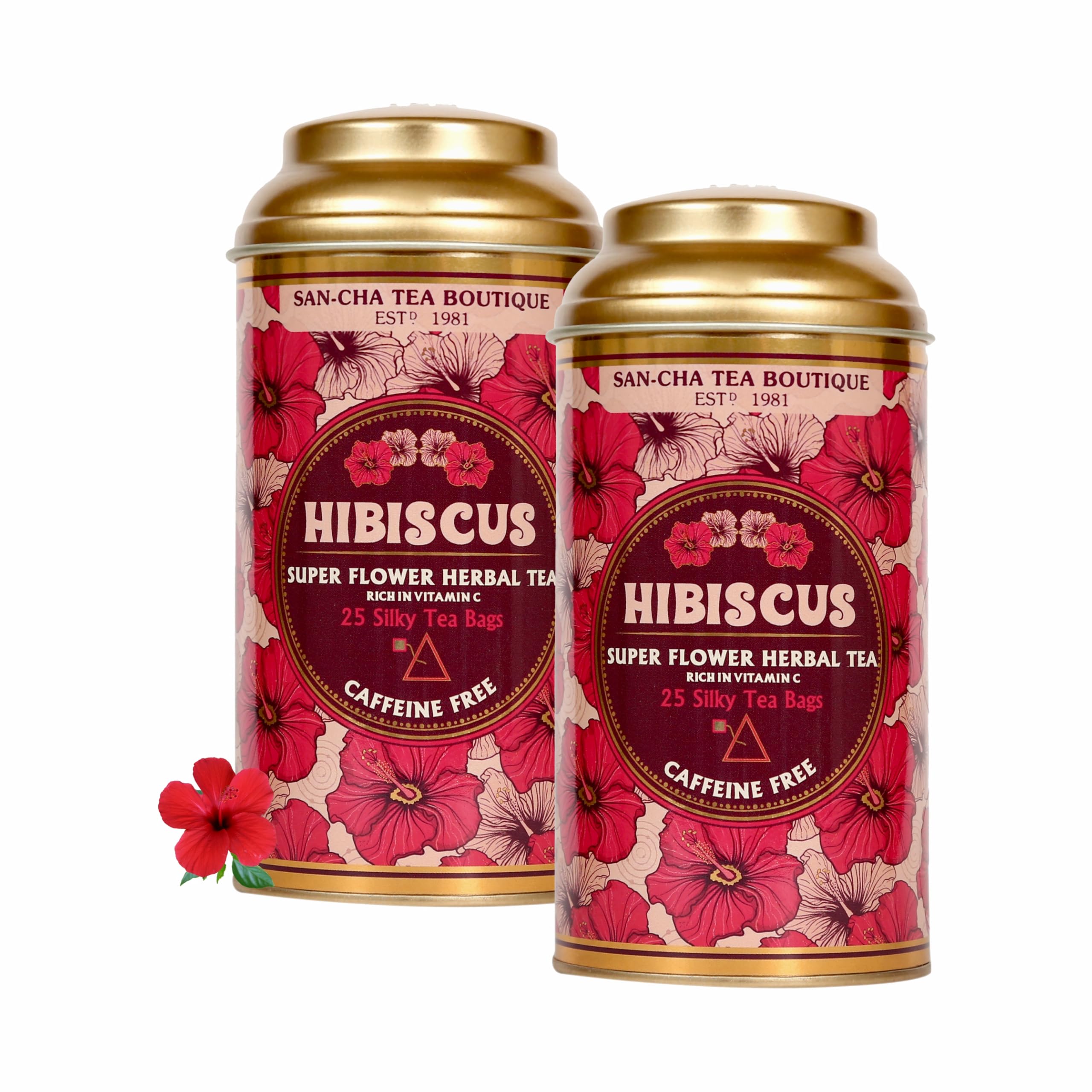Sancha Tea Boutique, Hibiscus Tea, 25 Pyramid Bags, Caffeine Free Herbal Tisane, Supports BP Control, Real Flower Blend (Pack of 2)
