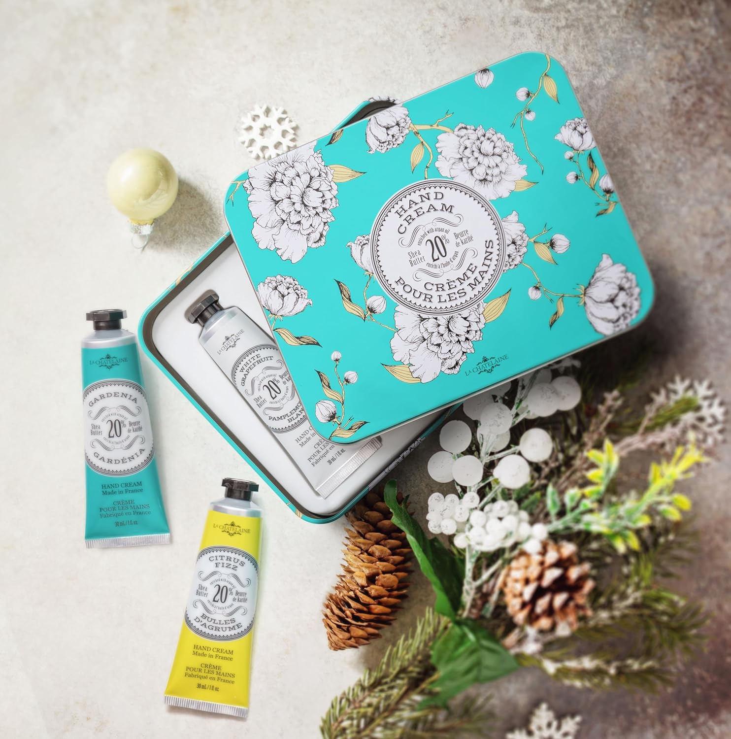 La Chatelaine Hand Cream Trio Tin Gift Set, Natural Hand Lotion, Made in France with 20% Organic Shea Butter, Moisturizing (Gardenia, White Grapefruit, Citrus Fizz) 3 x 1 fl. - Image 5