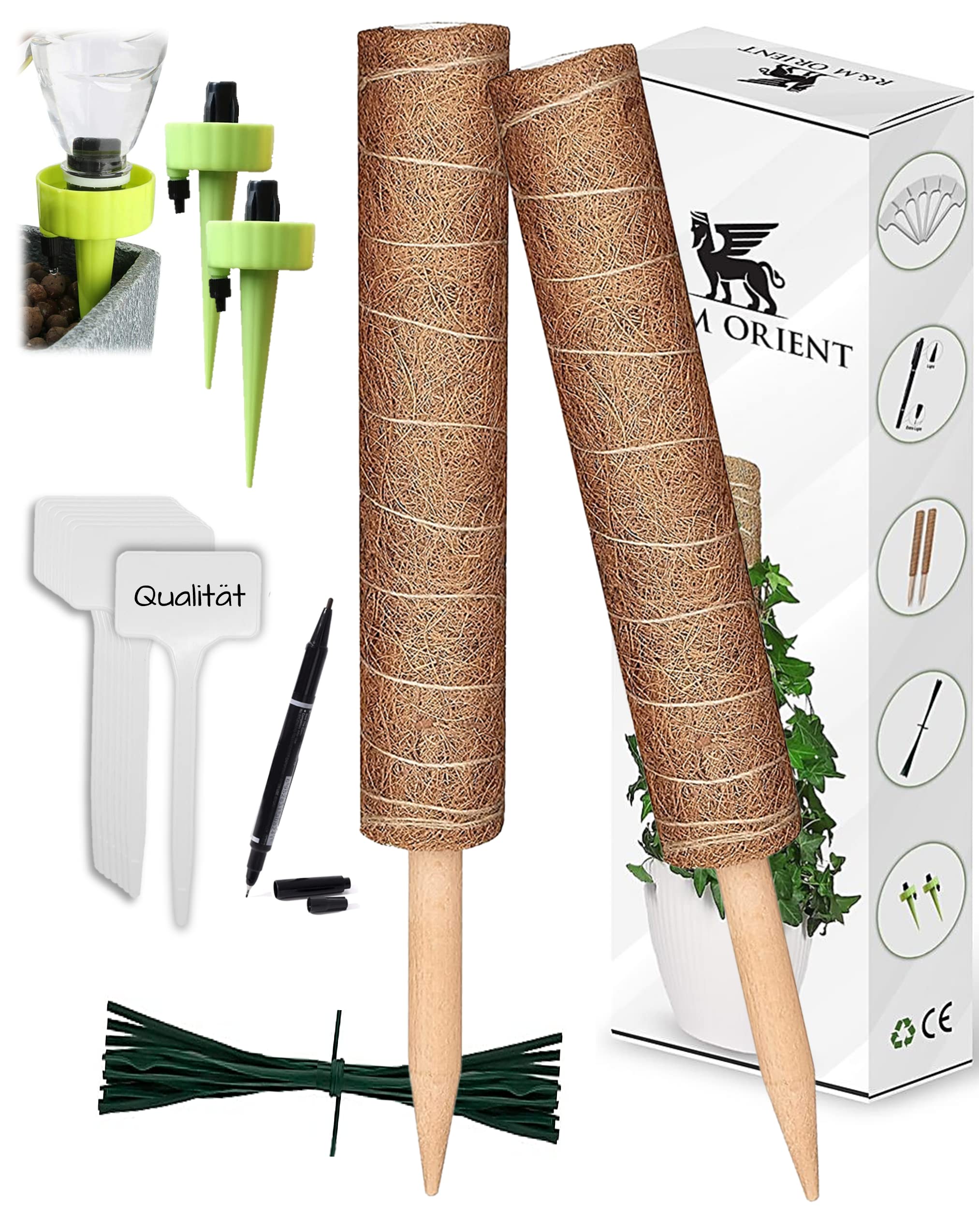 R&M Orient 2 x Natural Coconut Sticks, Set of 10, Plant Signs with Markers, 40 x Ties & 2 x Watering System, Plant Stakes, Trellis, Garden, Herbs, Plants, Weatherproof (2 Pieces - 41 cm)