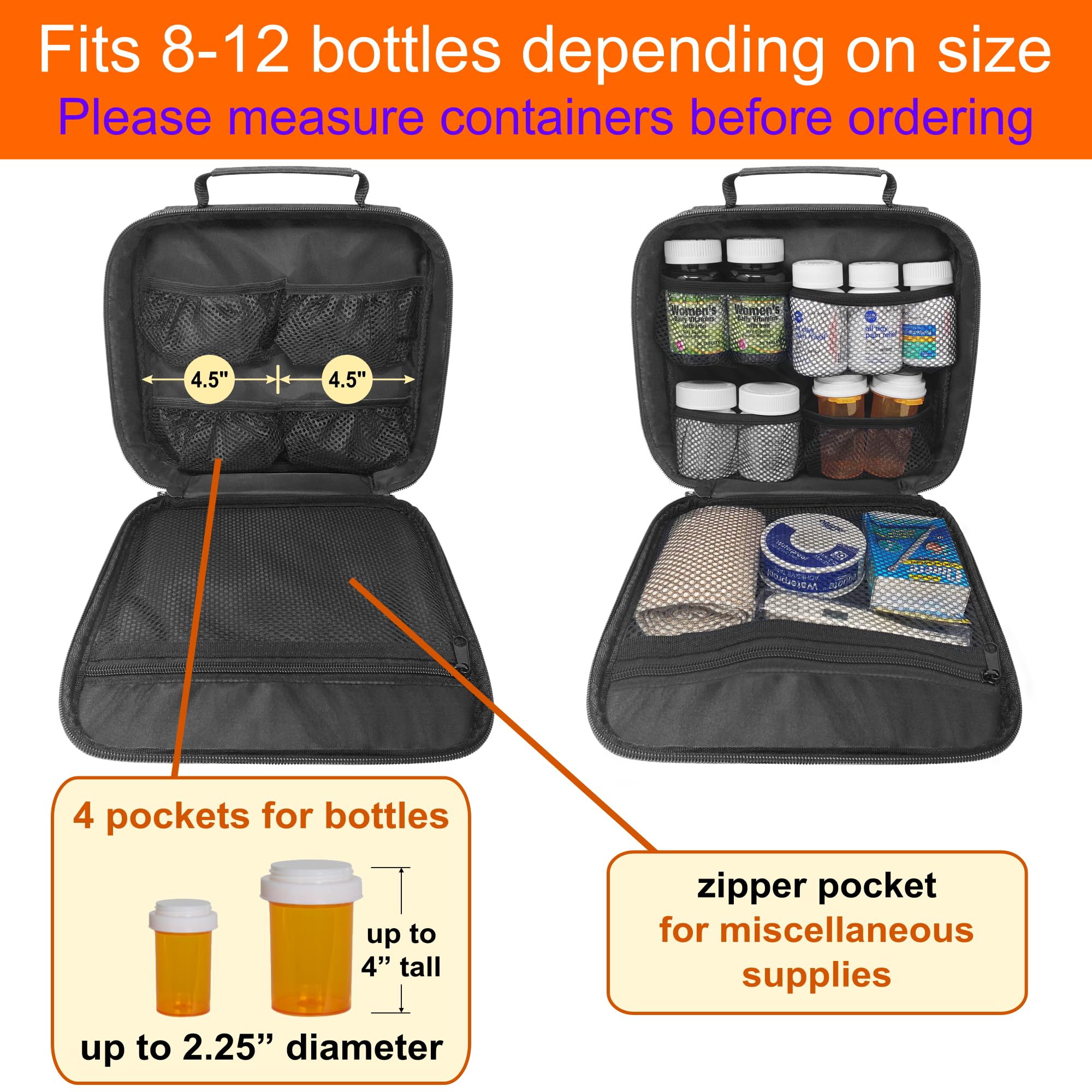 Organizador grande acolchado para píldoras, bolsa para medicamentos, vitaminas y suministros médicos, para almacenamiento en el hogar y viajes, color negro, Negro (mediano), Medium (paquete