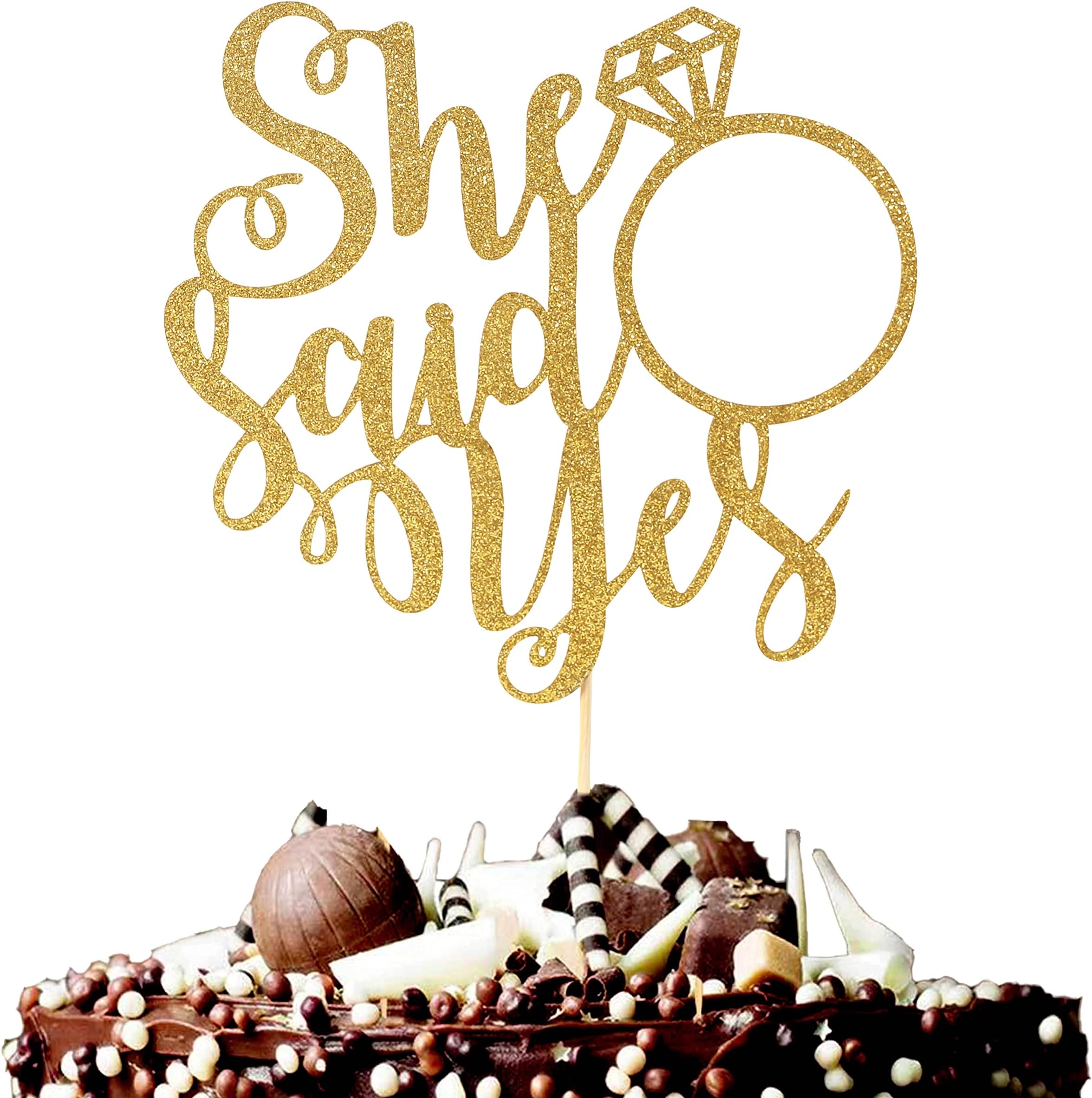 WAUAO She Said Yes Cake Topper - Bridal Shower Engagement Decorations, Bride To Be/Proposal /Bachelorette Party Decorations,Glitter Gold Cake Topper