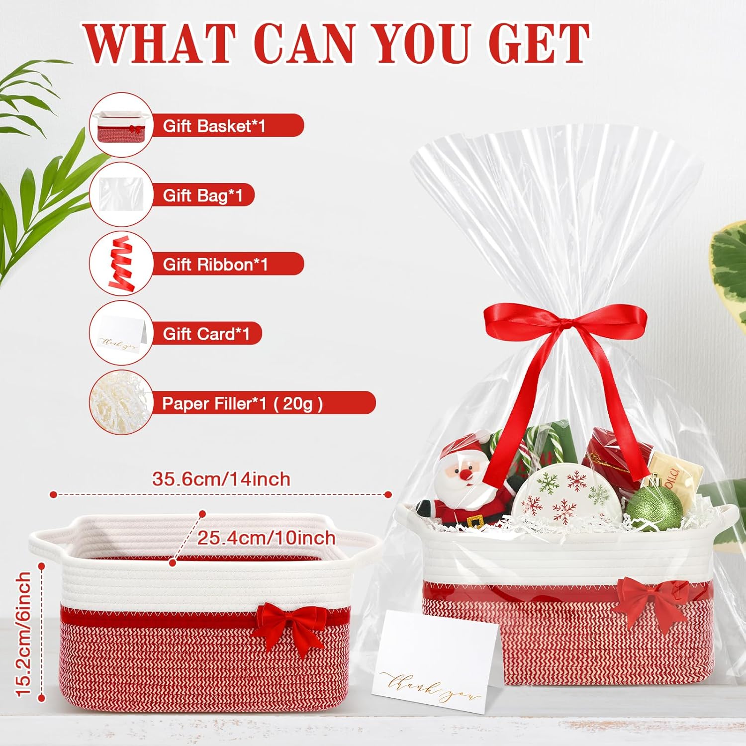 Colingmill Mother's Day Empty Gift Basket with Paper Filler, Bag, Ribbon, Card, 14"x10"x6", Empty Woven Basket, Gift Box for Women Men Birthday New Born Wedding(Red)