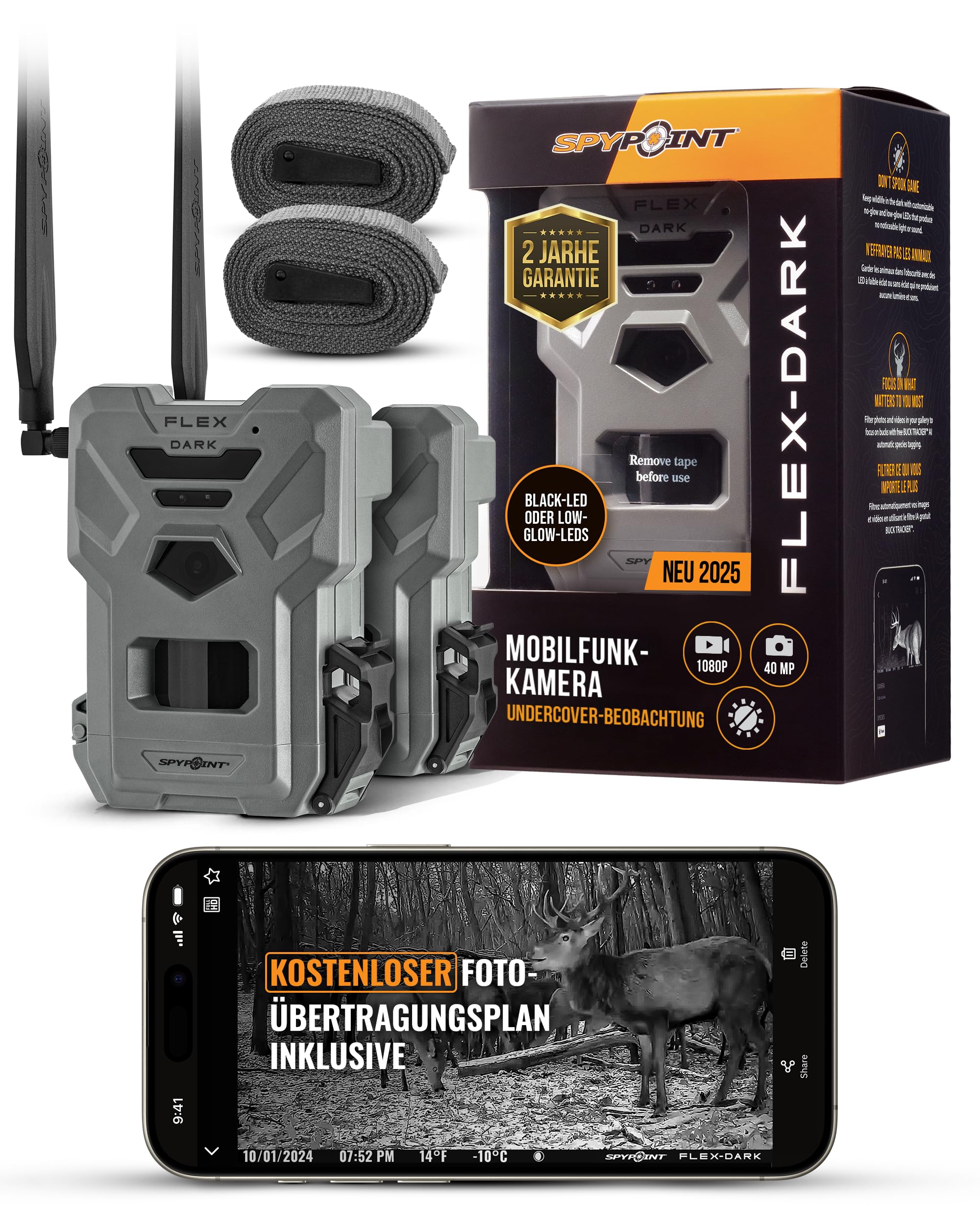 Spypoint Flex-Dark Twin Pack Mobilfunk-Wildkamera, 40MP, 1080p Video, Nachtsicht, 30m Reichweite