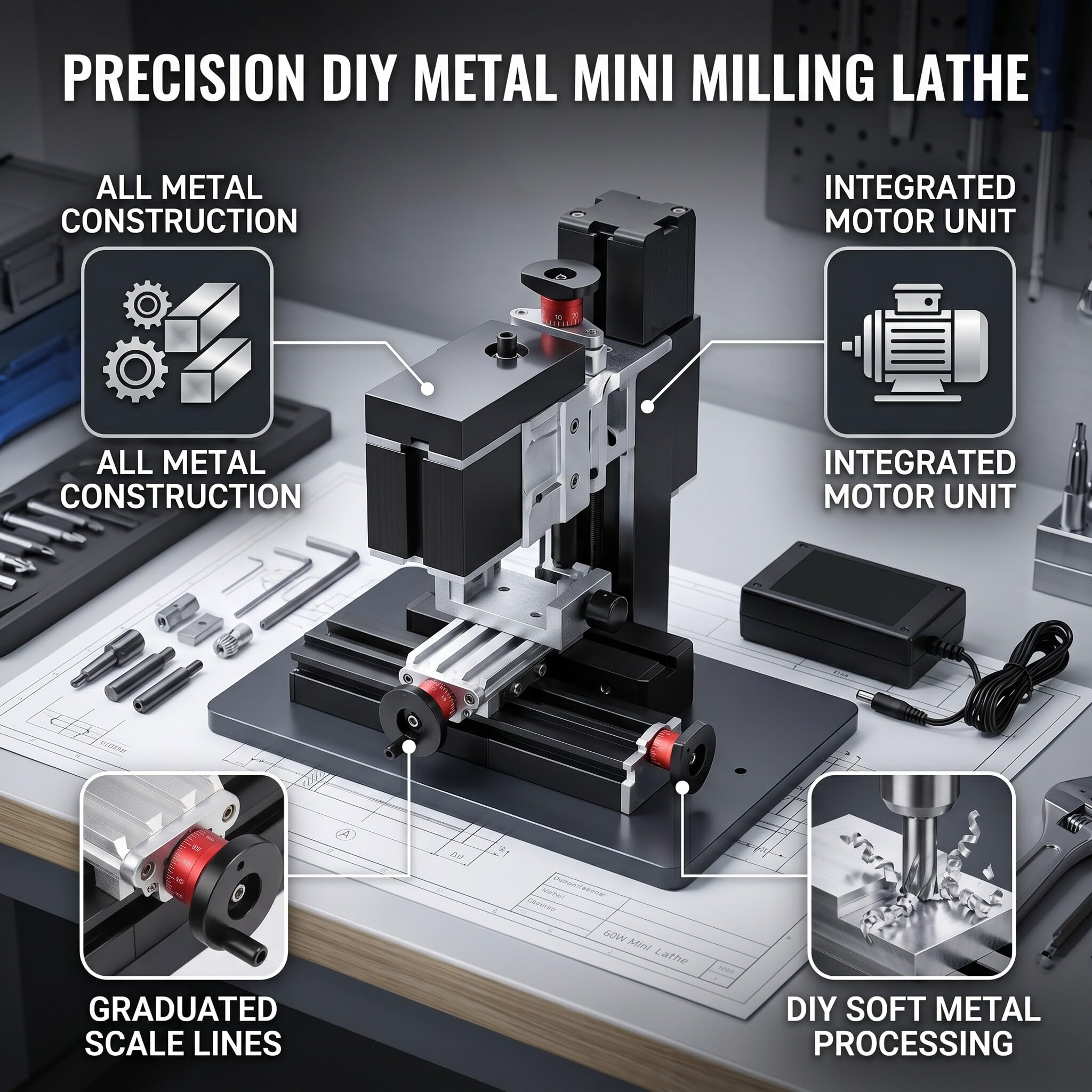 Mini Milling Machine - 60W DIY Metal Processing -4