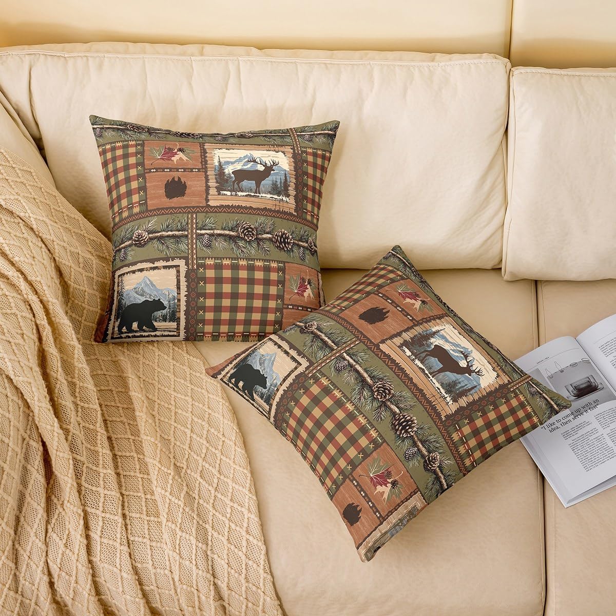 Rustic Lodge Bear Moose Deer Cushion Covers Set of 2,Countryside Hunting Theme Pillow Covers 24x24 for Men Boys,Patchwork Buffalo Plaid Throw Pillow Covers,Boho Tribal Cabin Decorative Pillow Covers