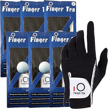 Amazon メンズ ゴルフグローブ 右手用 左手用 全天候型滑り止め 柔らかい ゴルフ 繊維布 フィット感 マジックテープ 汗防止 多機能 6枚 セットブラック グレイ Finger Ten ゴルフグローブ