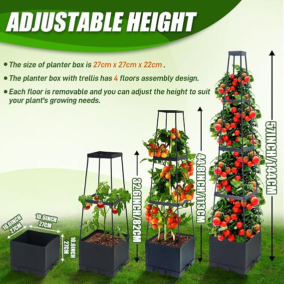 2 Packs 144CM raised beds for garden planter with trellis self watering tomato planters with Trapezoidal Trellis for Climbing Plants Tomato Pot Flowers Vegetable Planters Outdoor Planter Box(57