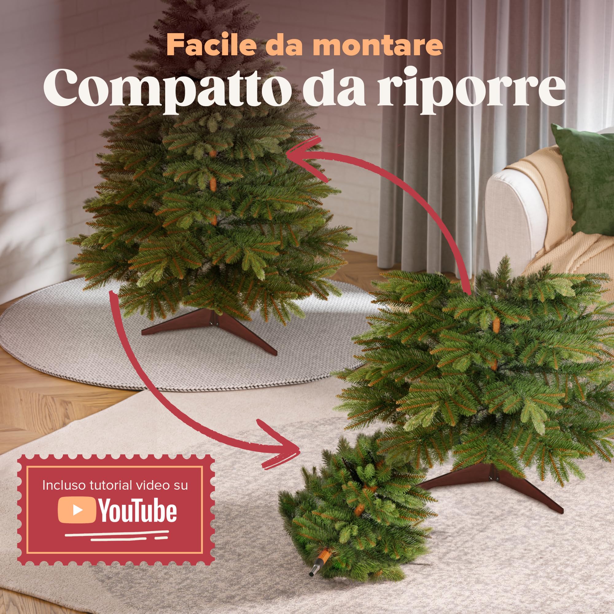 Albero di Natale Artificiale Premium 120cm – Rami Realistici e Densi, con Supporto in Legno e Borsa per il Trasporto – Albero Artificiale di Pure Living