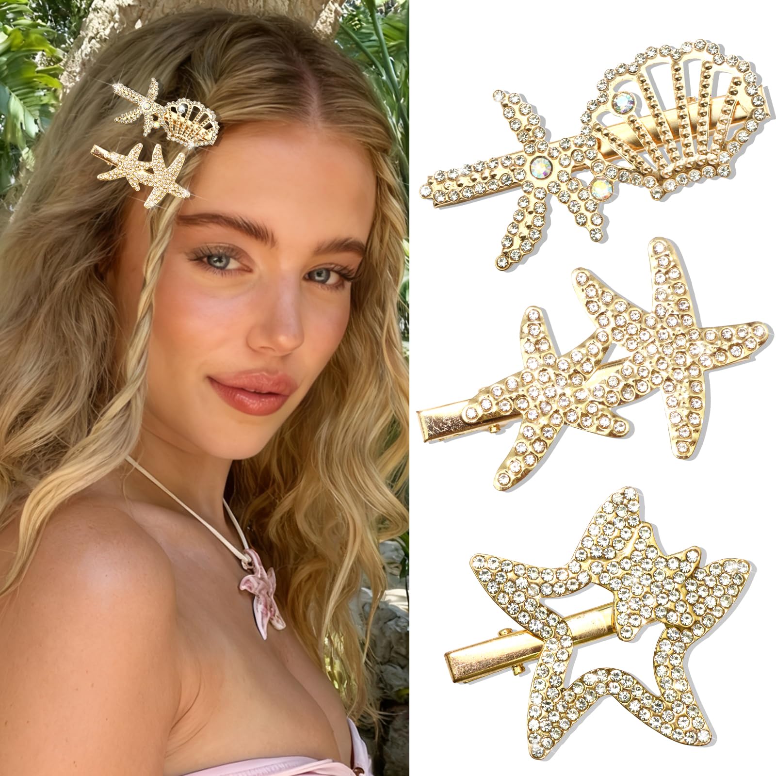 SAWINDA Starfish Rhinestone Hair Clip Bridal Sea Star Shell Alloy Hair Barrettes Gold Starfish Pins Mermaid Head Pieces Beach Wedding Hair Accessories