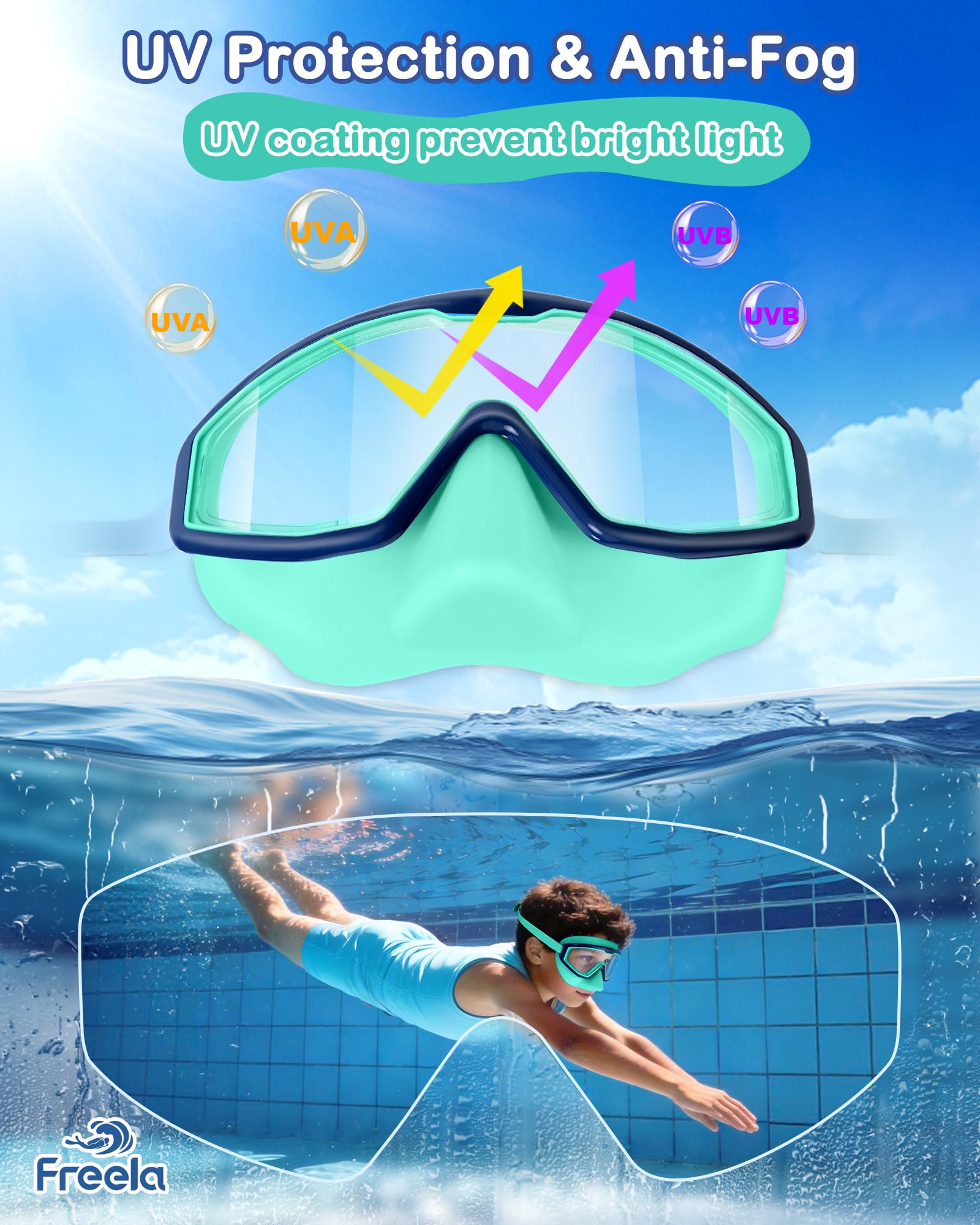 Freela Confezione da 2 occhialini da nuoto per bambini dai 3 ai 12 anni, con copertura per il naso, ampia visuale a 180°, anti-appannamento, occhiali da nuoto per ragazzi e ragazze