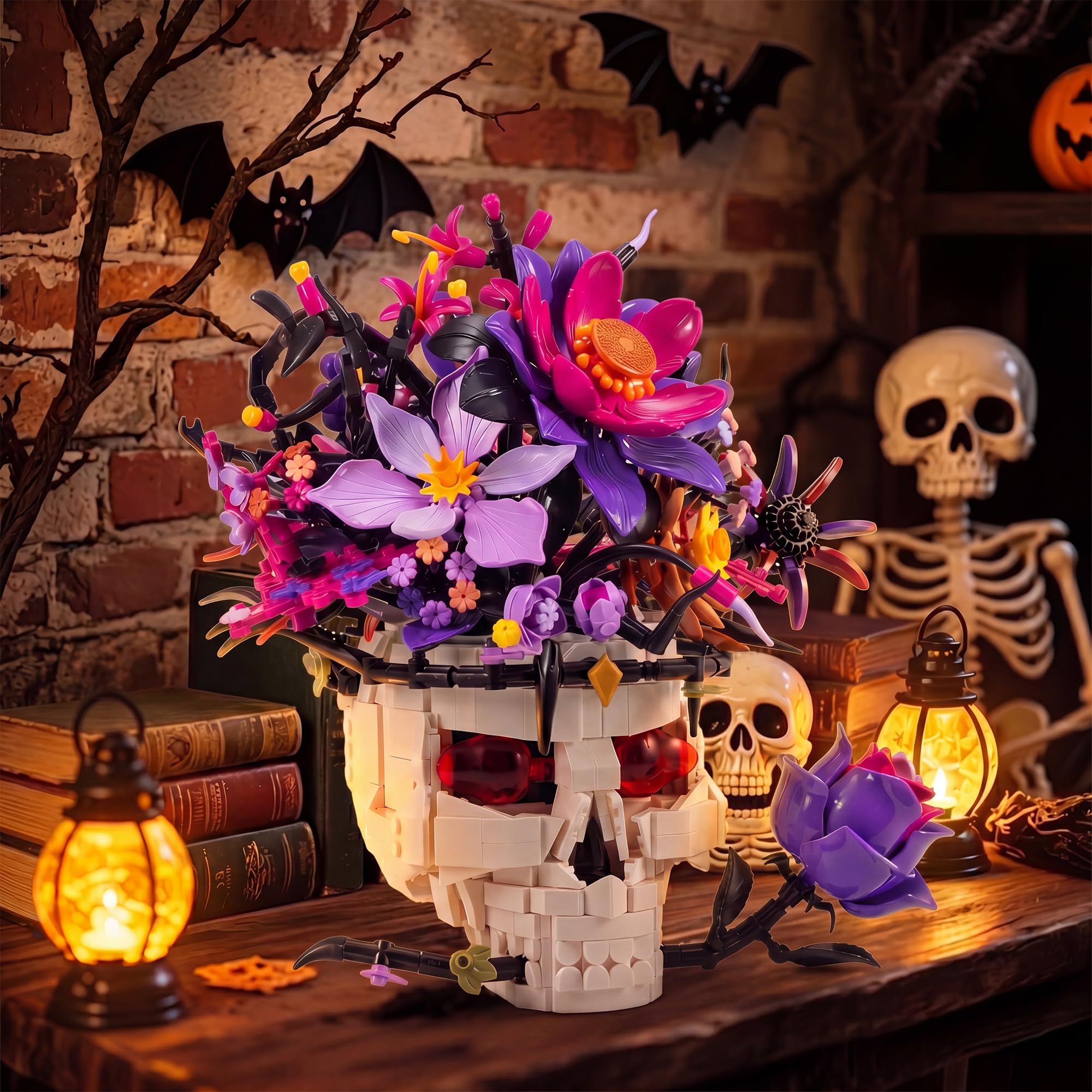Goldlife Gothic Klemmbausteine Blumen mit Totenkopf-Vase, Blumenstrauß Bausteine für Erwachsene Frauen, Valentinstag Halloween Geburtstag Totenkopf Geschenke, Gothic Deko (Rose)