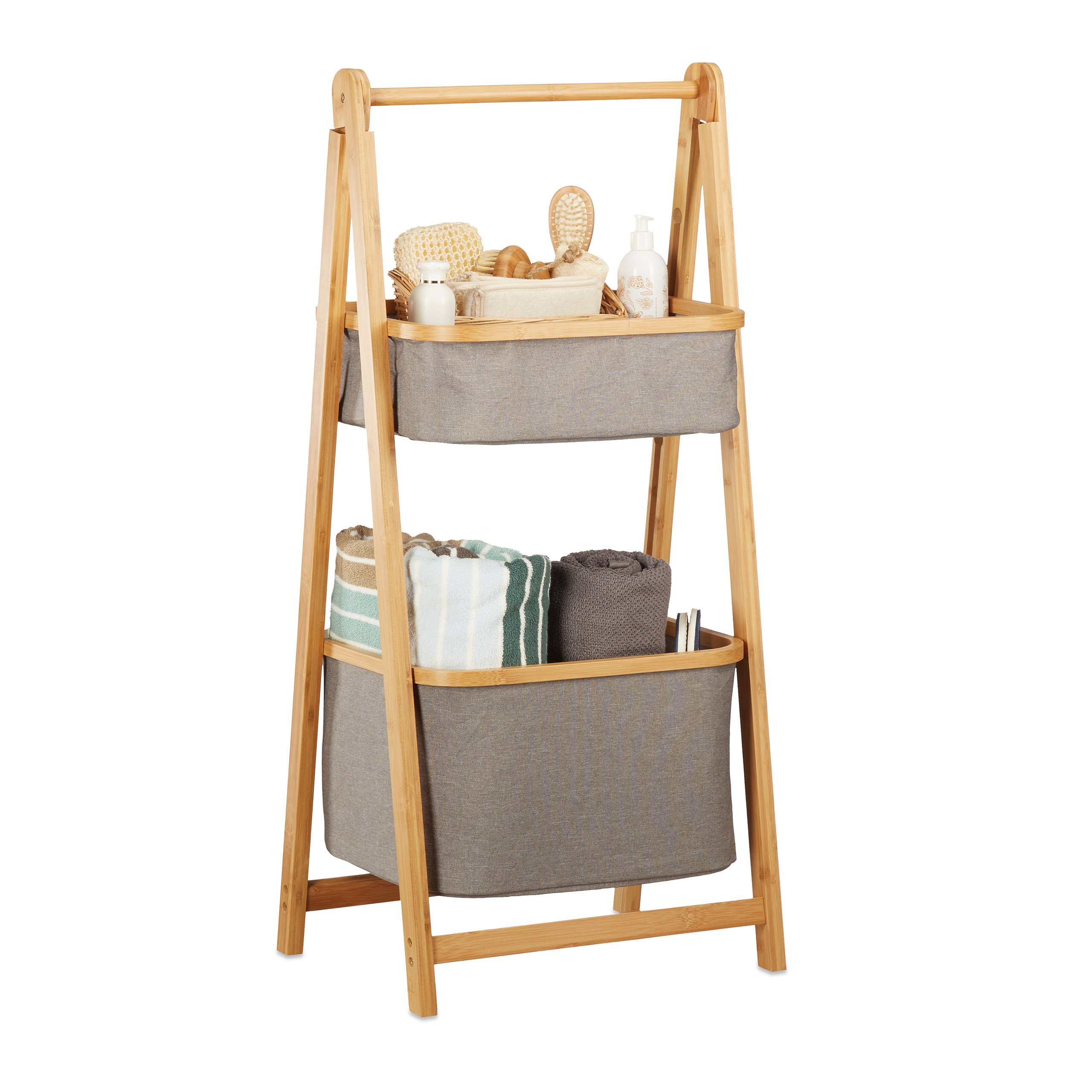 Étagère salle de bains bambou avec panier à linge pliable et rangement serviettes