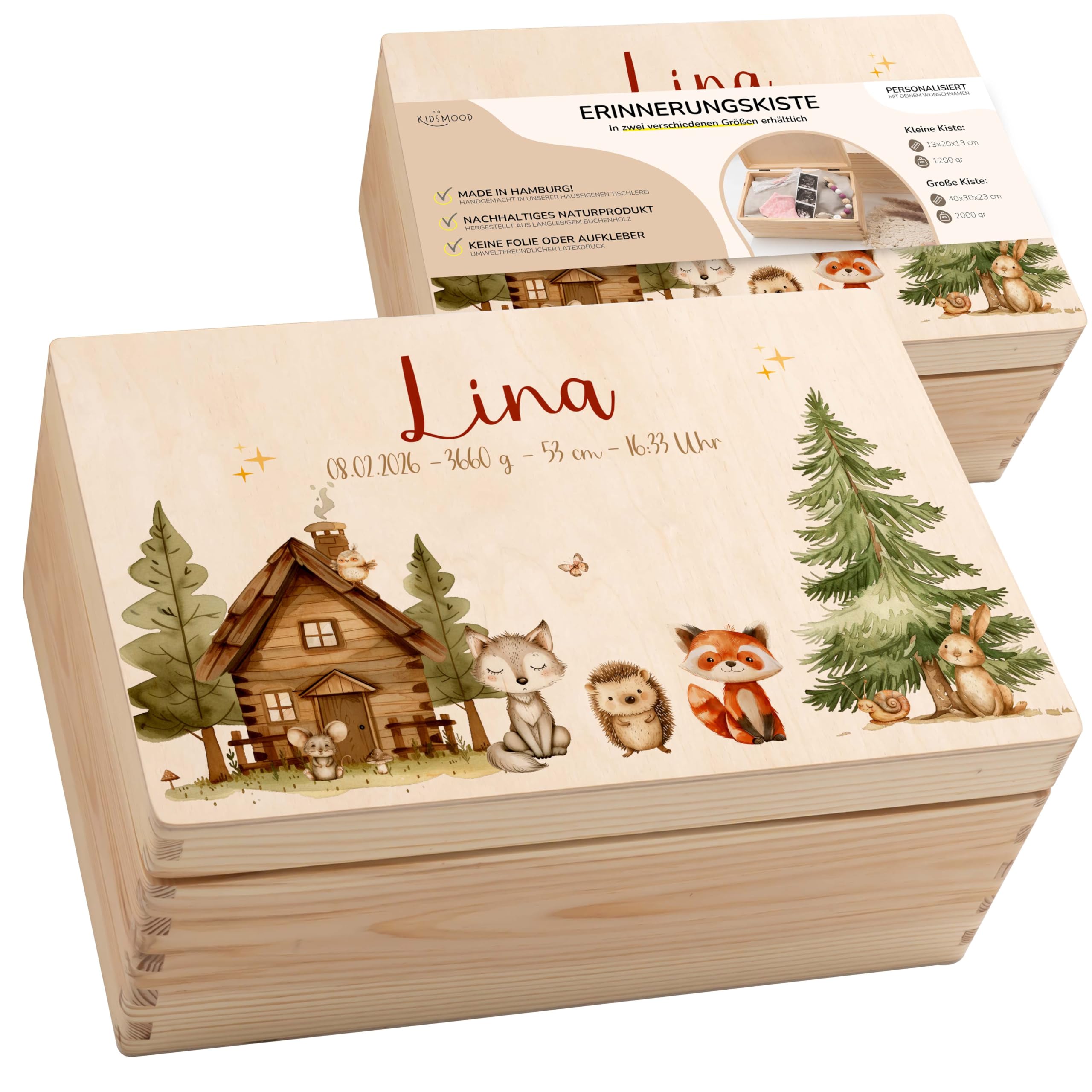 KIDSMOOD - Erinnerungsbox Baby, personalisierte Holzkiste mit Deckel, Ideal zur Aufbewahrung von Erinnerungen und als Geschenk zur Geburt, Taufe oder als Geburtstagsgeschenk für Mädchen und Jungen