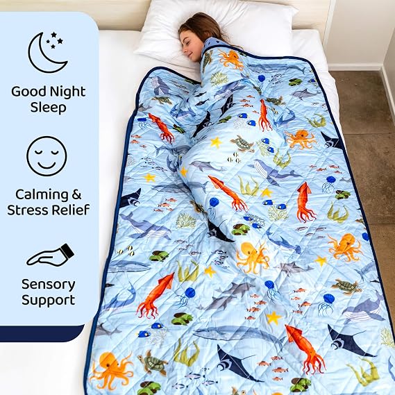 Aricove Weighted Blanket Kids, 7 lb, 40x60 inches, Small Twin Size, Soft Cotton, Machine Washable, Blue/Ocean Animals