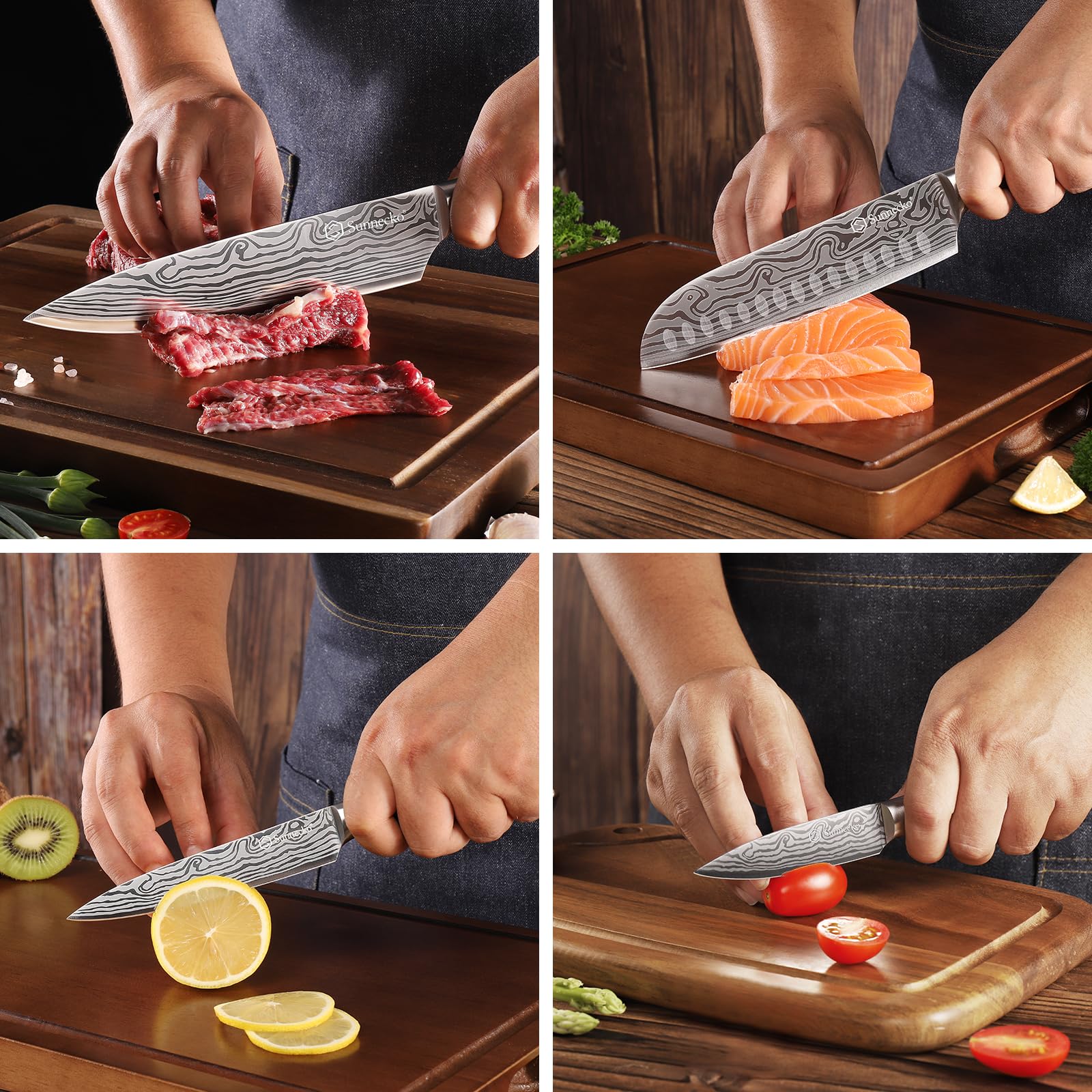 Sunnecko Set Couteau Cuisine Professionnel - Couteaux de Cuisine Japonais 5 Pièces en Acier Inox Lasé, Couteau Office Chef Santoku Pain Légume