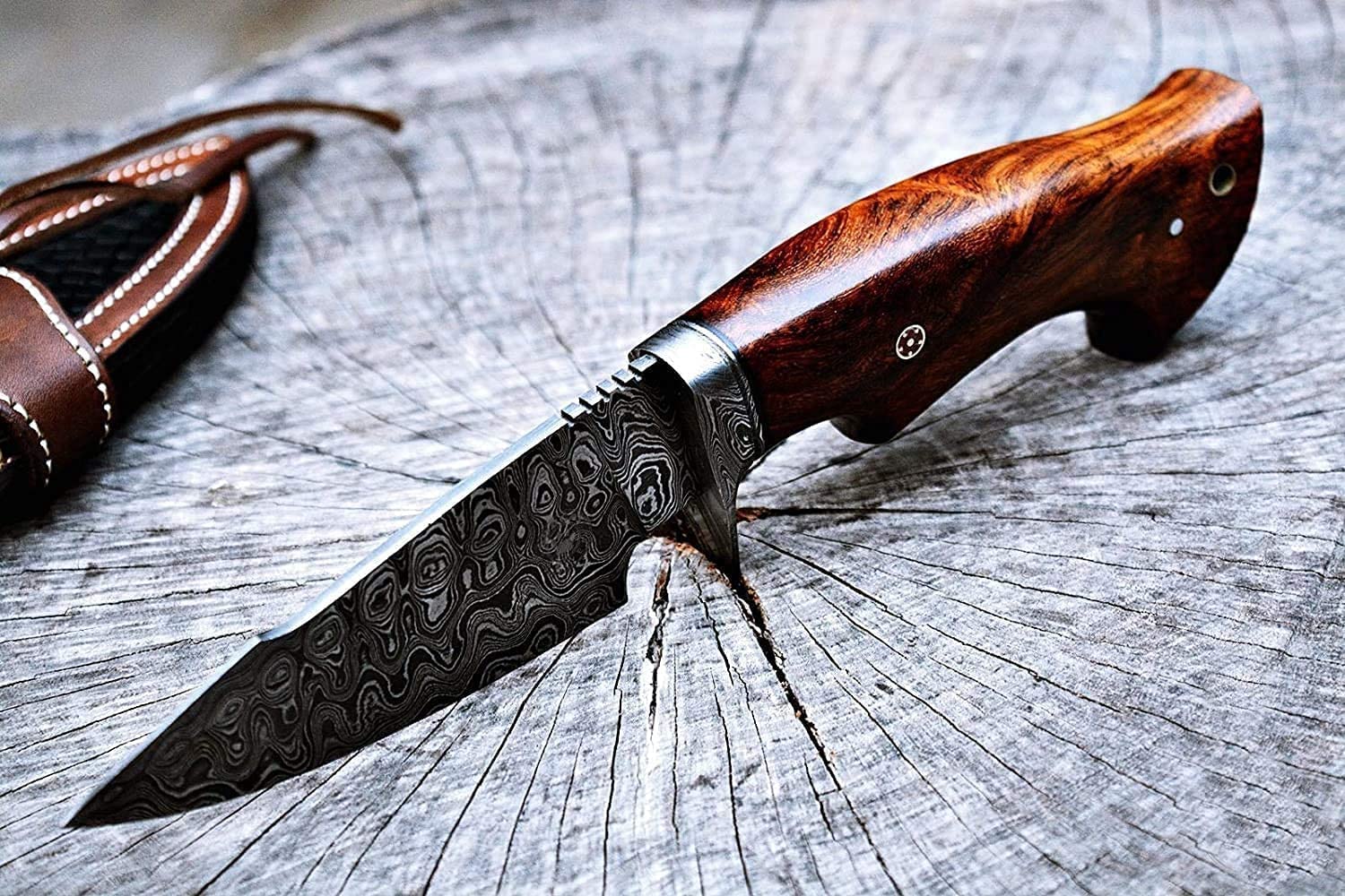 BIGCAT ROAR Predator Hunter Damaststahl 10 Zoll - Full Tang - Walnussholzgriff & Lederscheide - Outdoor Survival Bushcraft Häuten Jagd
