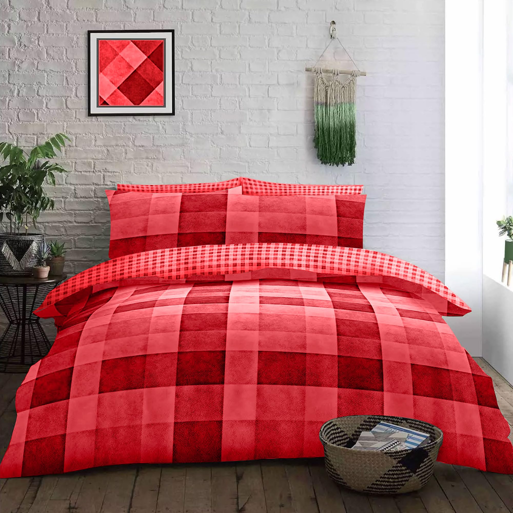 Lions King Size Bedding Sets - 3 Piece Soft Checked Duvet Cover with Matching Pillow Case, Ultra Soft Poly Cotton Reversible Quilt Covers for Men Women, Red, King Bed, 230x220cm