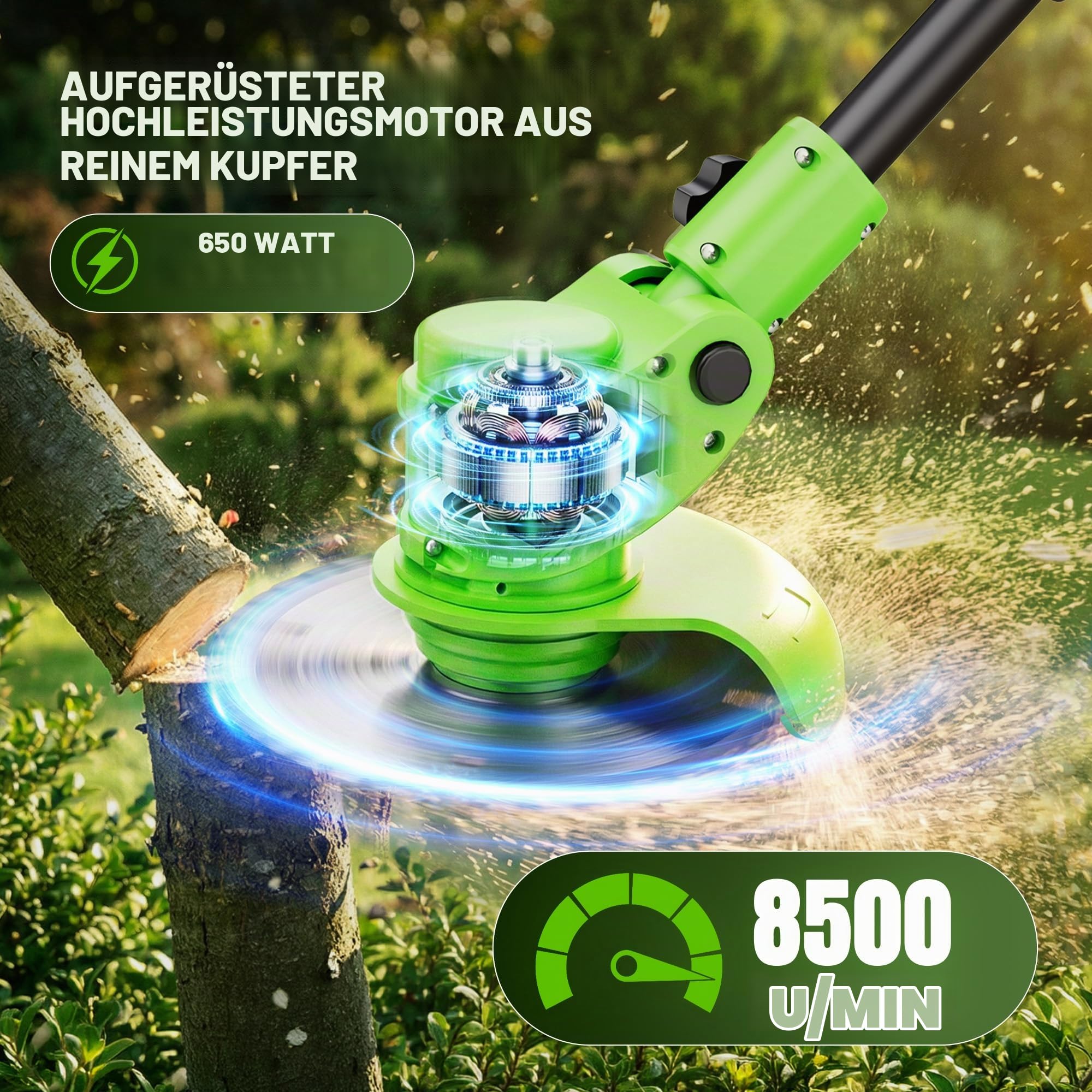 4-in-1 Rasentrimmer mit Akku 21V, Freischneider und Rasenkantenschneider mit Hilfsrad, 2 Akkus und Ladegerät, 4 Klingentypen, 90°Drehkopf, Teleslopstiel, Gartengerät für Rasen, Gärten