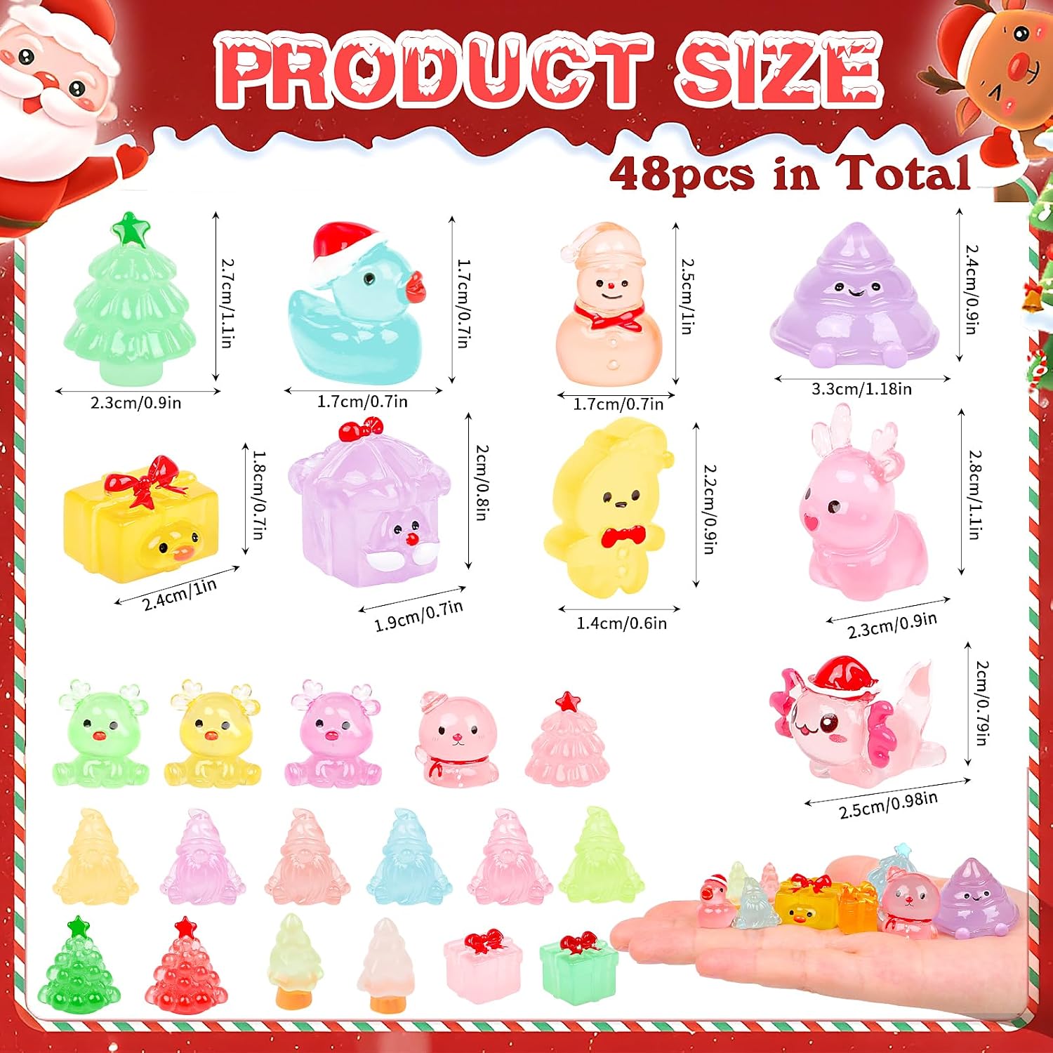 KIMOBER 48pcs Mini Christmas Luminous Figurines Glow in The Dark Tiny Resin Miniature Assorted for Xmas Gifts Bag Fillers Garden Decor