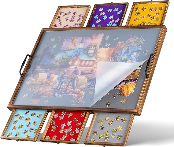 Chingcoo Puzzlebrett Mit 6 Sortierfächern | 76x51cm Für Bis Zu 1000 Teile | Klappbar Mit Abdeckung