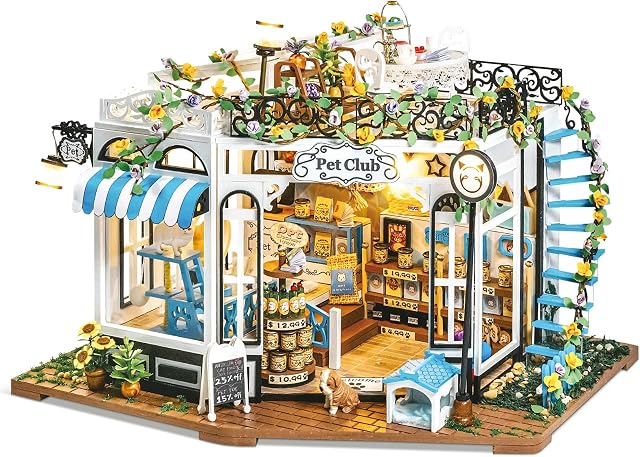 Cuteefun DIY Miniature Dolls House Kit for Adults to Build, DIY Mini House Kit with Furniture, DIY Miniature House Kit with Tools, Make Your Own Craft House Model Father's Day(Mini Pet Shop)