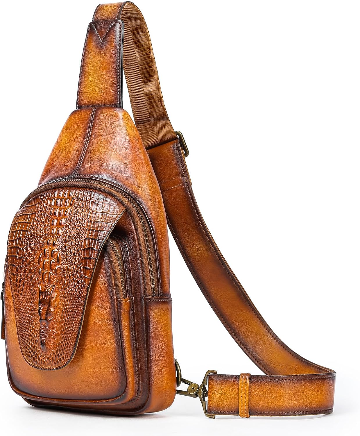 NIUCUNZH Genuine Leather Sling Bag Crocodile Flap Crossbody Purse Cross Shoulder Body Bags for Travel Everyday Carry Brown