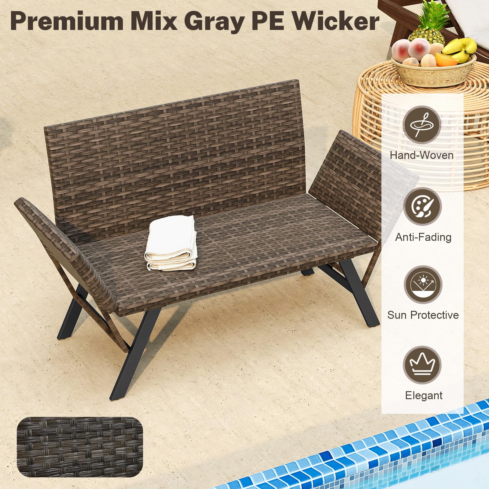 GIANTEX Divano da giardino in rattan a 2 posti, panca convertibile da esterno con braccioli regolabili, design intrecciato, lunghezza 163-178 cm, carico 300 kg, lettino da giardino per terrazza