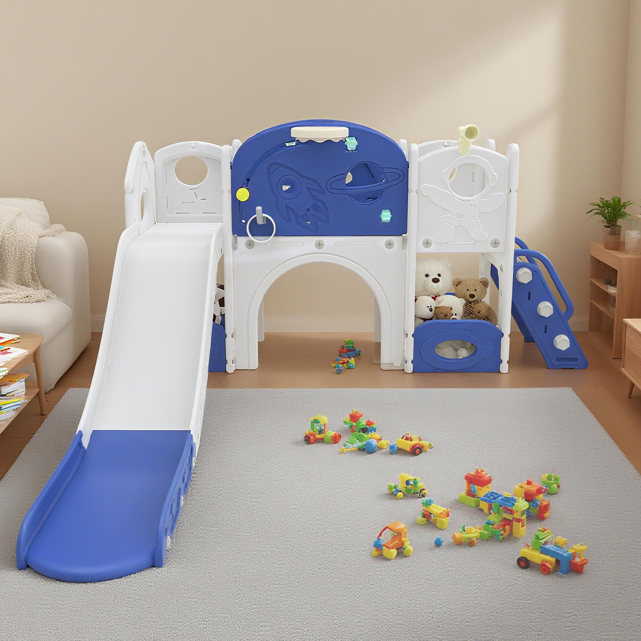 NAIZY Kinderrutsche Spielanlage bis 50 kg 8-in-1 Rutsche mit Tunnel, Kletterleiter, Basketballkorb, Ringwerfspiel, Teleskop und Stauraum, HDPE PP Kunststoff Spielgerät für Kinder