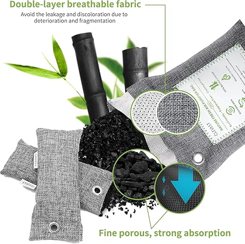 Vista 26 de CLEVAST - Bolsas purificadoras de aire de carbón de bambú (4 x 7.05 oz), eliminan olores y humedad, bolsas purificadoras de aire fresco natural